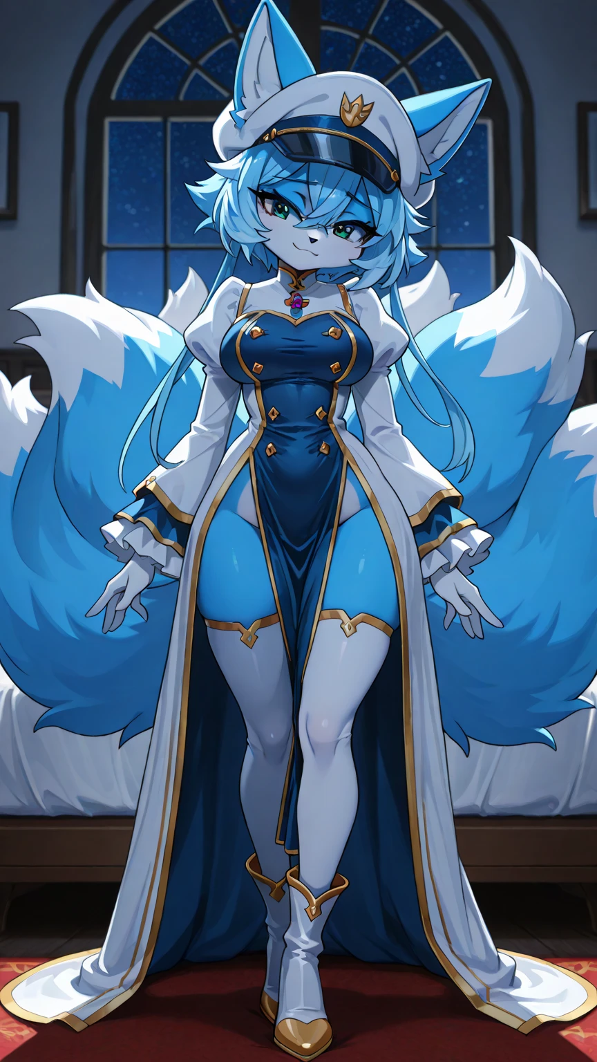 ((Furry)) ((Wolf)), Canine, Girl, wears a blue  cape sweater with stars, sassy pouty expression