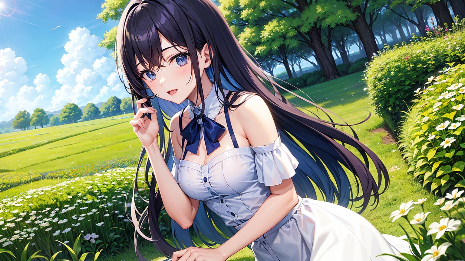 Beautiful illustration、top-quality、cute petit girl、(transform sequence)、((blue maid style leotard))、10yaers old、elementary student、Slender beautiful girl、Fractal Art、baby-face、((stright long hair))、beatiful detailed eyes、A smile、Full Body Display、Western-style garden、（1 persons）、long-sleeve、landscaped gardens、（knee high socks）、is standing、（highleg）、Fox ears、