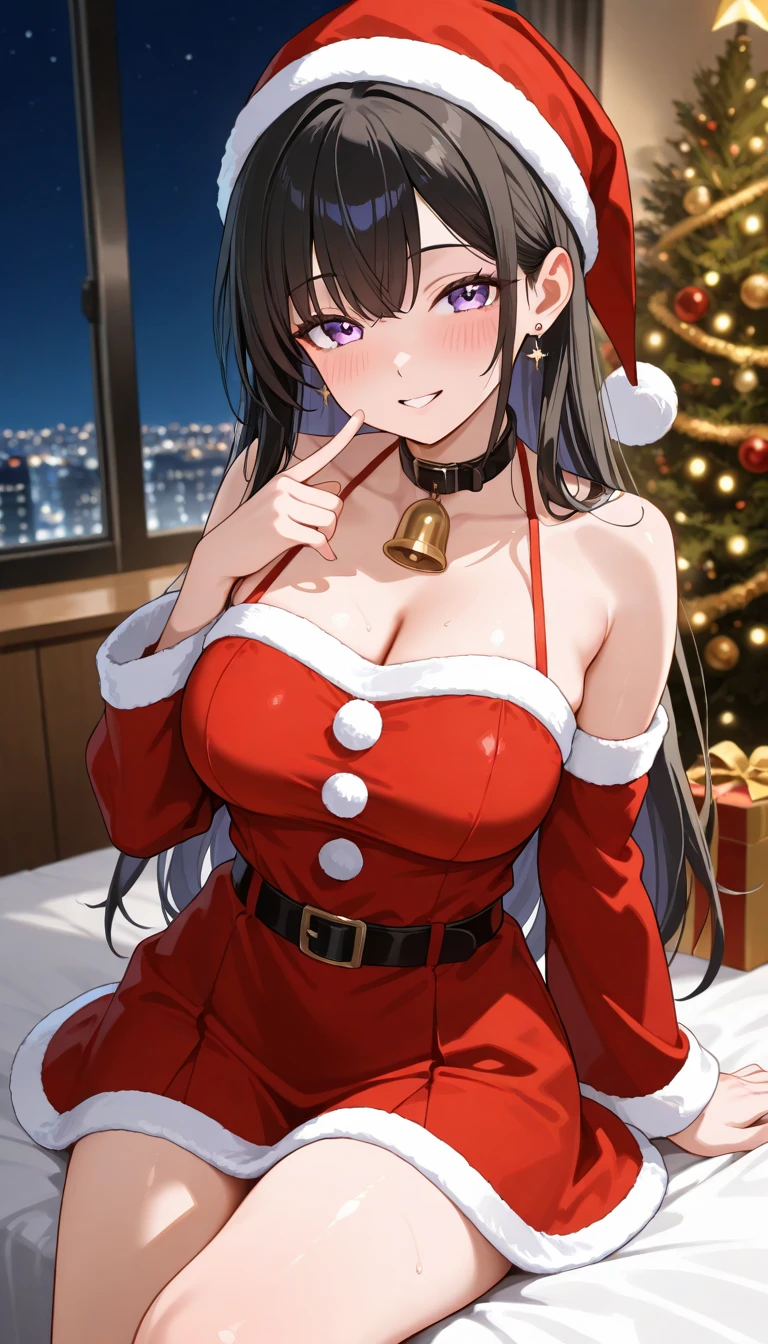 <lyco:SexySantasHelper:1>, sshelper, 1girl, volumetric lighting, cute, smile, cowboy shot, sexy, panties, mature female, large breasts, wide hips, thick thighs, blunt bangs, black hair, garter straps,