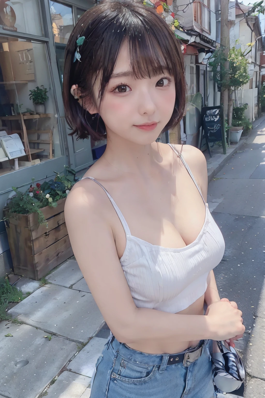 8k, raw photo, best quality, hires, realistic, photorealistic, extremely detailed 8k wallpaper, beautifully detailed eyes, finely detailed face,
 BREAK 
diagonal composition:0.6,
dynamic low angle:1.0,
 BREAK 
cinematic lighting,
bokeh:0.6,
soft contrast:0.4, soft saturation:0.4,
 BREAK 
(perfectly anatomically correct:1.2,
5 beautiful thin finger:1.0),
 BREAK 
(cobbled street with autumn leaves:1.1),
the outdoors setting with the ivy-covered red brick wall for contrasting shades:1.0,
contributing to a clean and minimalistic environment,
the lighting is soft and natural, creating subtle shadows and enhancing the smooth texture of skin,
 BREAK 
1 female,
kawaii like a fairy:1.2, cute natural anime face:1.2,
short bob hair:0.6,
symmetrical face line, stereoscopic projection of baby face,
symmetrical clear eyes, chocolate color eyes with sparkling highlights:1.0,
curled eyelashes,
gentle narrow eyes, wide-set eyes, tareme, double eyelids:0.8, subtle eye bags:0.8,
(small round face), rounded jaw, [blush, embarrassed, heavy lips, pouted cheek, chiseled face],
wearing belted shorts,
the lower part of butt is sticking out of belted shorts:1.0,
belted shorts adhere to flesh circumference:0.4,
even though we can see raw flesh of bottom-butt:0.4,
glistening on butt lower curves:0.4, deep gentle shadows of butt under curves:0.4,
very large butt upturned:0.4, ideal spherical shape adorable butt:0.4, curvy thighs:1.0,
firmer and perkier breasts,
looking down viewer:0.6,
an ultimate state of feeling so ecstasy with opening mouth a little:1.0,
the body draws beautiful s-curve:0.2,