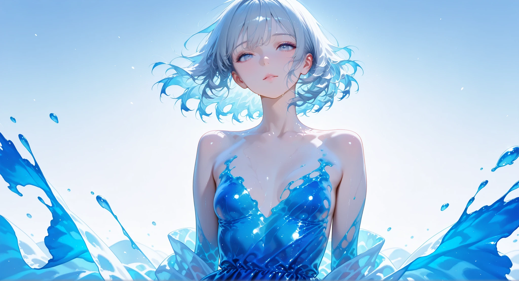 (masterpiece, Highest Quality:1.2), 8k, 85mm, Original photo, absurd, White and light blue theme, ((liquid clothes, draped cloth)), gray hair, gradient dress, Delicate Girl, close-up face, shiny skin, 18 year old woman, See viewers, HDR, sharp focus, colorful、 particle, Twilight Sky, Detailed Eyes and Faces, gray hair, simple background，naked，small breasts，naked体の下半身，の胸,
