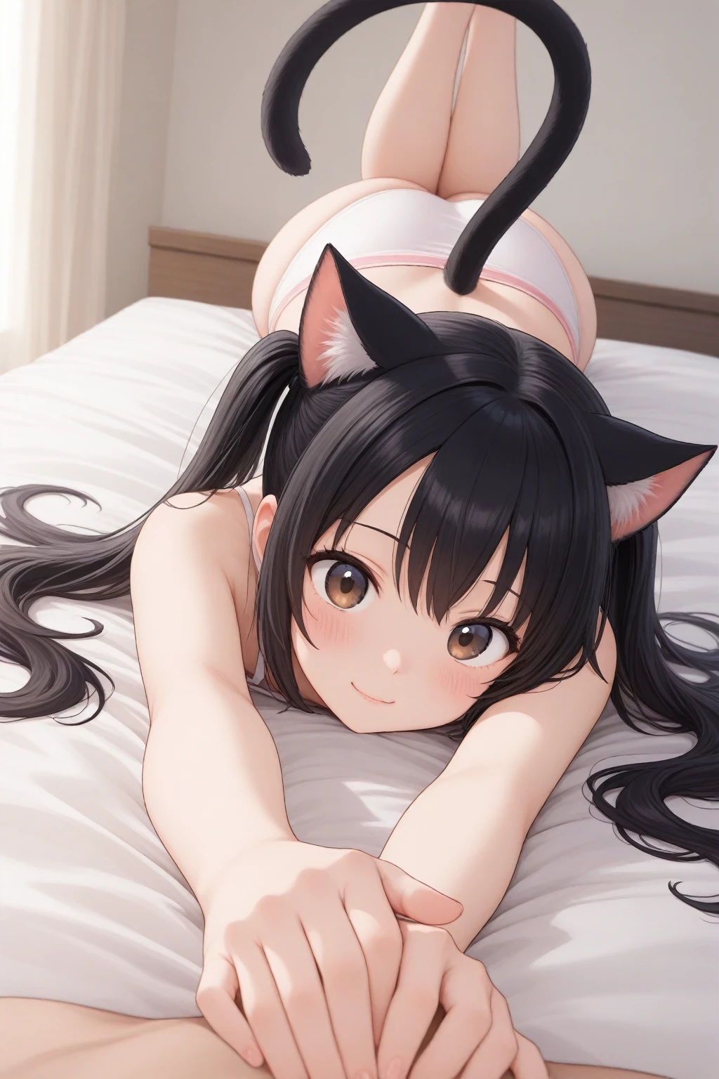 score_9,score_8_up,score_7_up, source_furry, a young Anthro furry wolf woman, white furry body, detailed white fur, tall and skinny, long black messy hair, white wolf tail, white fox ears, hair covering one eye, long bangs, long black hair, blue eyes, black glasses, white wolf tail, , wearing only black thigh high socks, pouting, she is lying flat on her stomach, , pov ,  she is getting   by viewer,  viewer is spreading her ass cheeks, rear view, 