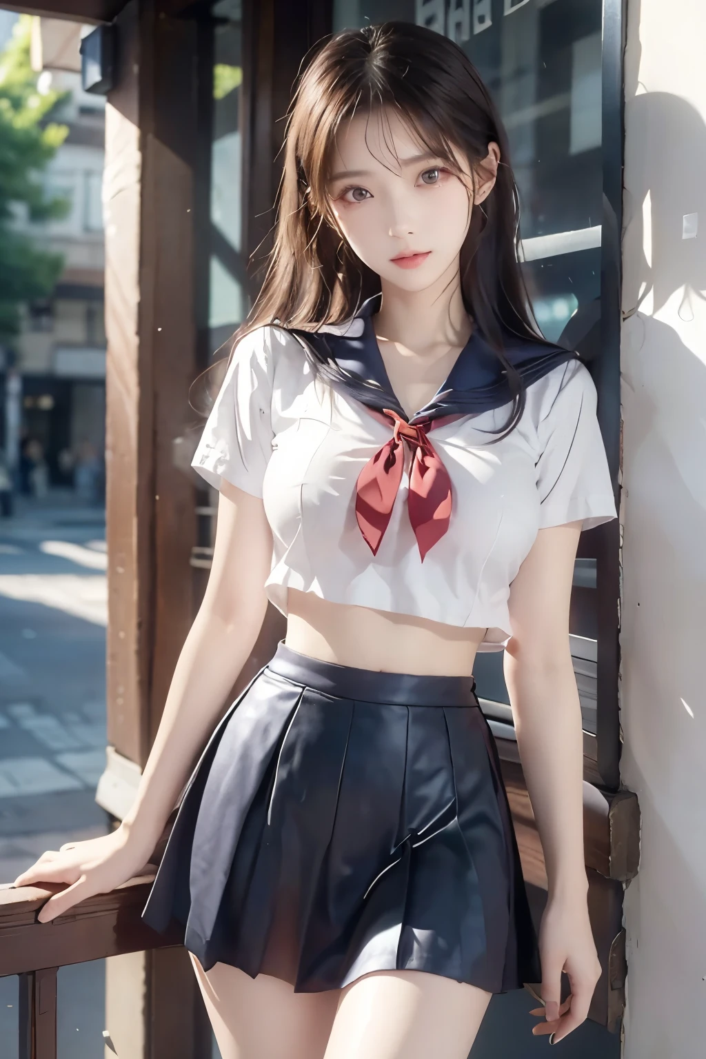 
( Super High Definition), (I'm looking over here), (school uniform:1.2, sailor suit, flared skirt), (Big Breasts:1.2), (Slimness:1.8), ( Read more:1.4), (thin thighs:1.4), ( thin hips:1.6), ( beautiful skin, shiny skin,  white skin), (Super slim face, Super beautiful face, makeup,  Smile :0.8), ( light brown hair,  semi-long,  layered cut ,  fluffy hair), ( big eyes:1.4, High corners of the eyes:1.6,  double eyelids), (Thin eyebrows:0.1), ( small nose:0.6), ( thin lips:0.6), downtown