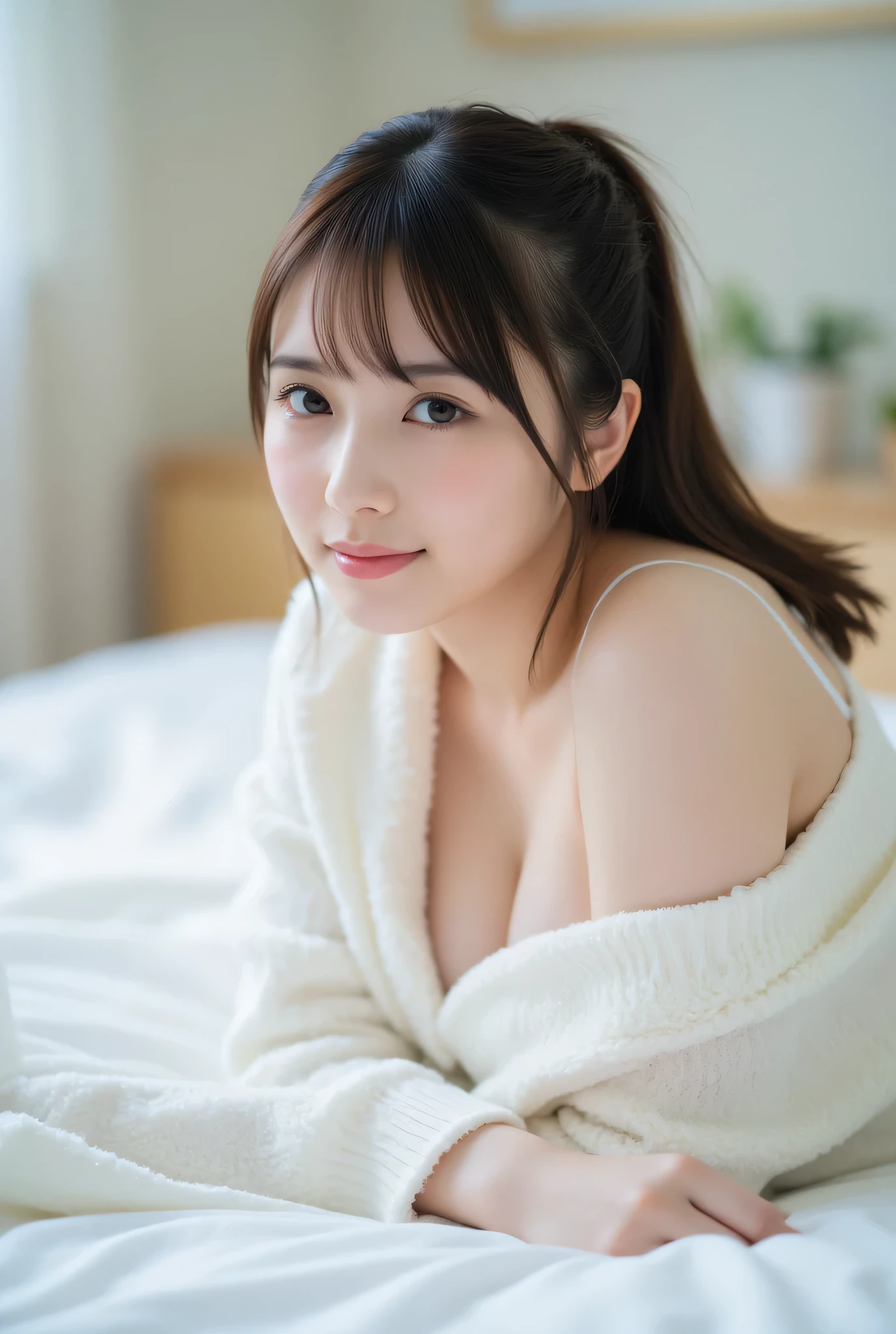 ultra detailed,8k,high resolution,beautiful detailed,high contrast,sharp focus, 50mm, f3,5,
best quality,super hyper realism,realistic,photorealism,(realistic skin:1.2), (full body:1,3),
japanese solo girl, no makeup, (from below:1,2), looking at viewer, straight-on cinematic portrait, shallow depth of field, ultra realistic, smile,
lying on side, lying on bed, fluffy fleece pajamas, open pajamas, unbuttoned pajamas,