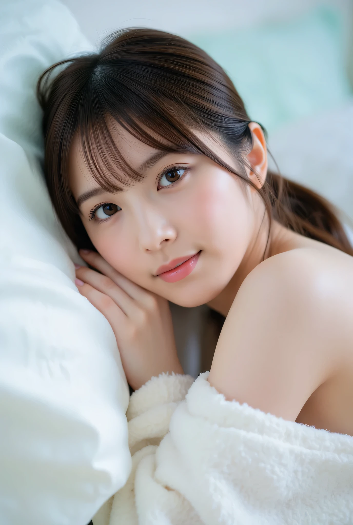 ultra detailed,8k,high resolution,beautiful detailed,high contrast,sharp focus, 50mm, f3,5,
best quality,super hyper realism,realistic,photorealism,(realistic skin:1.2), (full body:1,3),
japanese solo girl, no makeup, (from below:1,2), looking at viewer, straight-on cinematic portrait, shallow depth of field, ultra realistic, smile,
lying on side, lying on bed, fluffy fleece pajamas, open pajamas, unbuttoned pajamas,