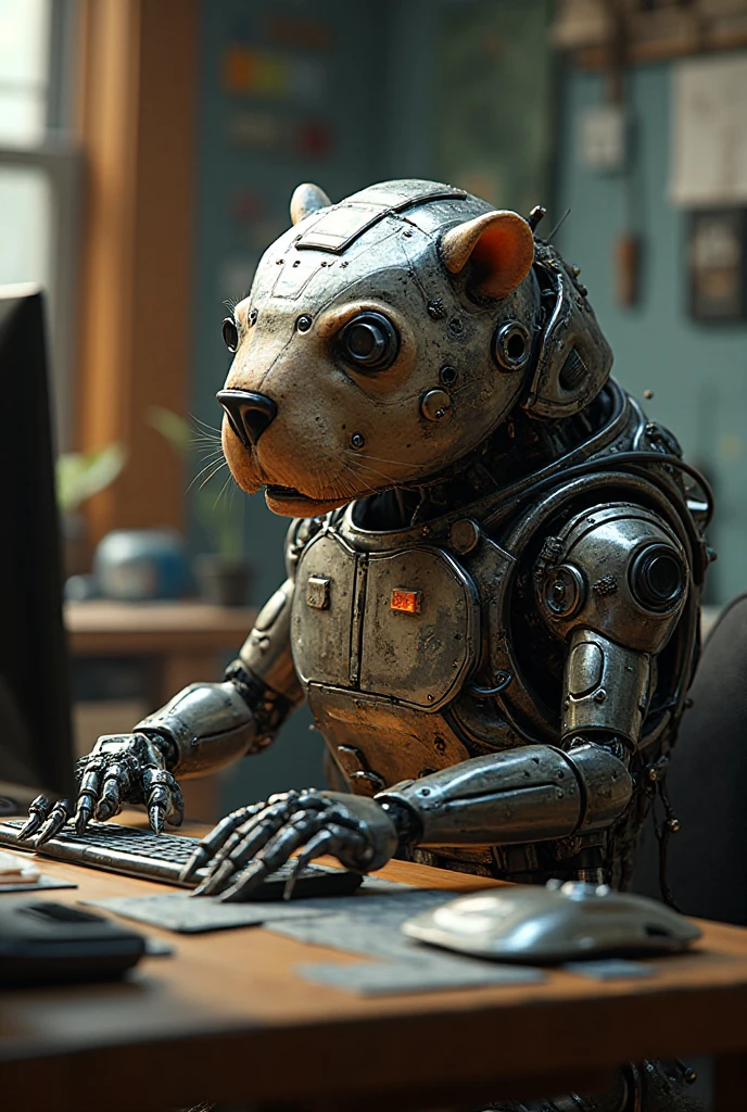 A robot beaver at a computer types text with a human head - SeaArt AI