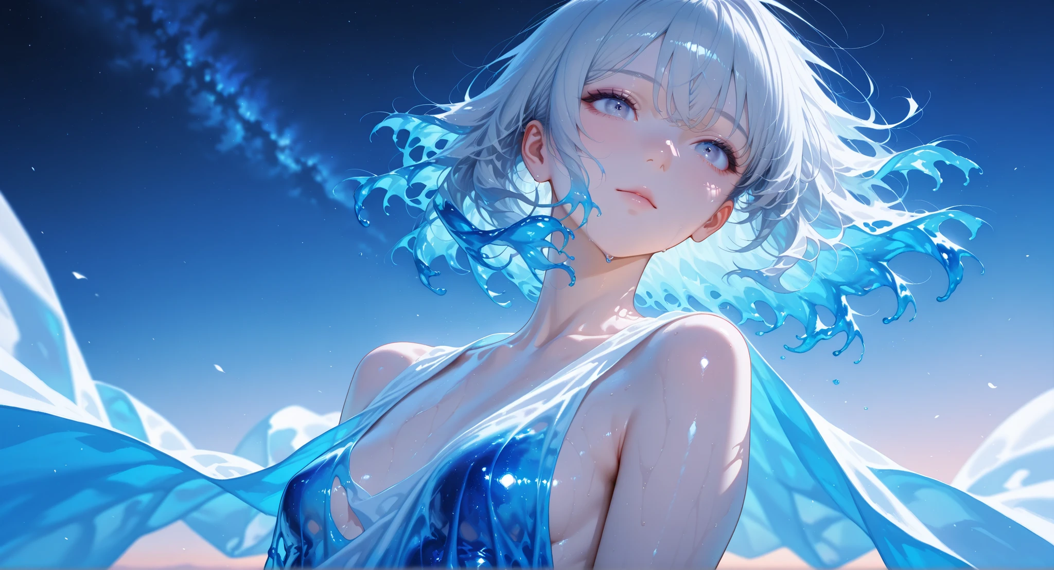 (masterpiece, Highest Quality:1.2), 8k, 85mm, Original photo, absurd, White and light blue theme, ((liquid clothes, draped cloth)), gray hair, gradient dress, Delicate Girl, close-up face, shiny skin, 18 year old woman, See viewers, HDR, sharp focus, colorful、 particle, Twilight Sky, Detailed Eyes and Faces, gray hair, simple background,naked,small breasts,naked体の下半身,の胸,