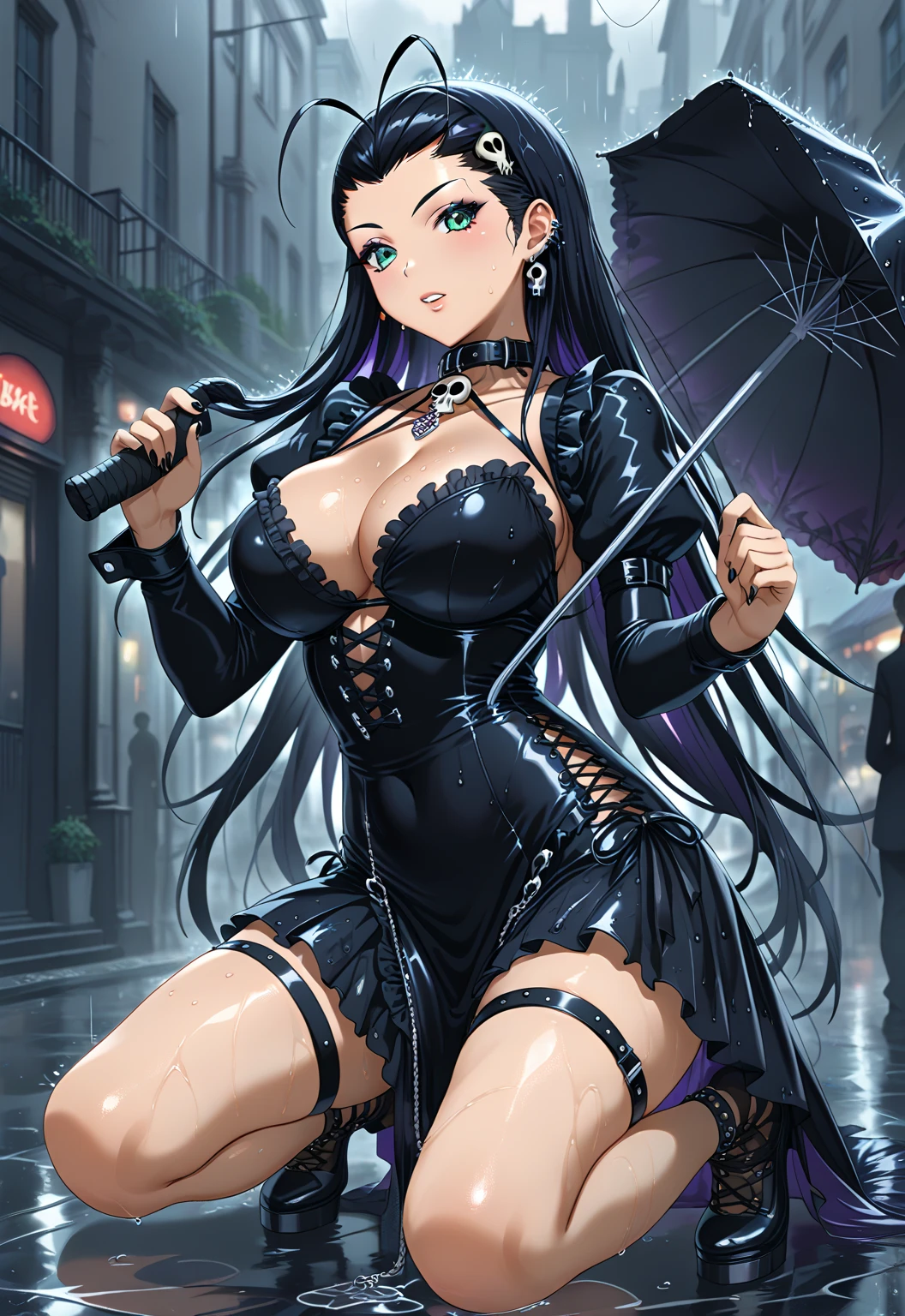 (best quality,4k,8k,highres,masterpiece:1.2),ultra-detailed,portrait,sexy woman,goth makeup,edgy punk hairstyle,detailed eyes and face,long eyelashes,victorian dress,gothic punk style,spiked piercings,black and white photography,high contrast lighting,dramatic shadows,excited,wet,
