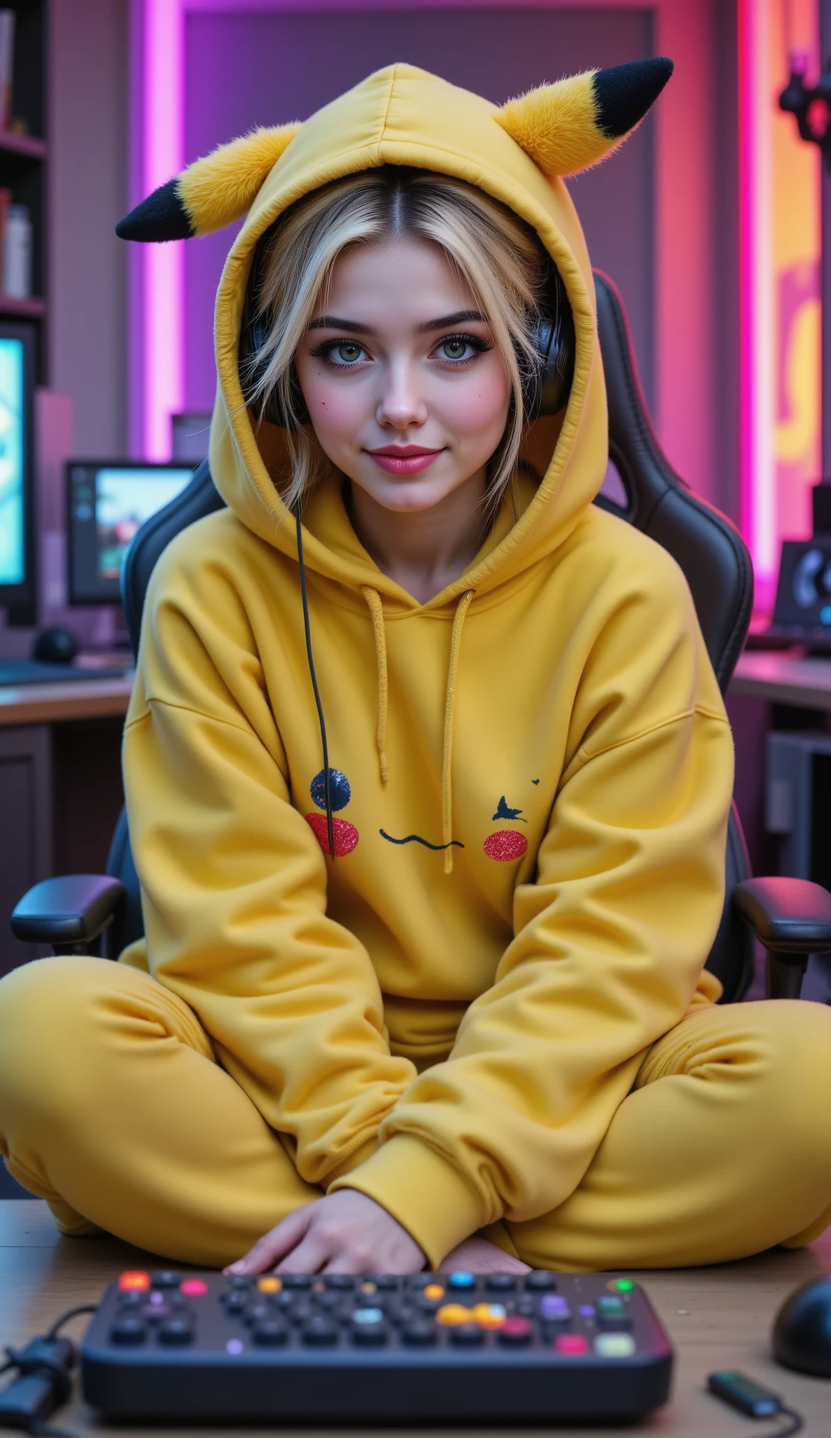 1 girl, solo, colored inner hair, windswept hair, glitter in hair, dynamic pose,
short hair, space buns, oversized clothes, gamer girl, headset, streaming, set up, cross-legged, gaming chair, studio, neon lights, pikachu hoodie, pikachu ears, pokemon, yellow
masterpiece, best quality, anime coloring, absurd,
masterpiece, best quality, very aesthetic, absurdres, pastel colours, detailed background, stars, hearts, dynamic pose, smile, blush, detailed eyes, freckles, pink lips,
analog style, pastel colors, vintage, depth of field, faded color, (black outline), masterwork, masterpiece, best quality, Detailed lines in high quality, professional, detailed, detailed_eyes, lens flare, vfaix, xxx667_illu, glowing, dynamic pose,