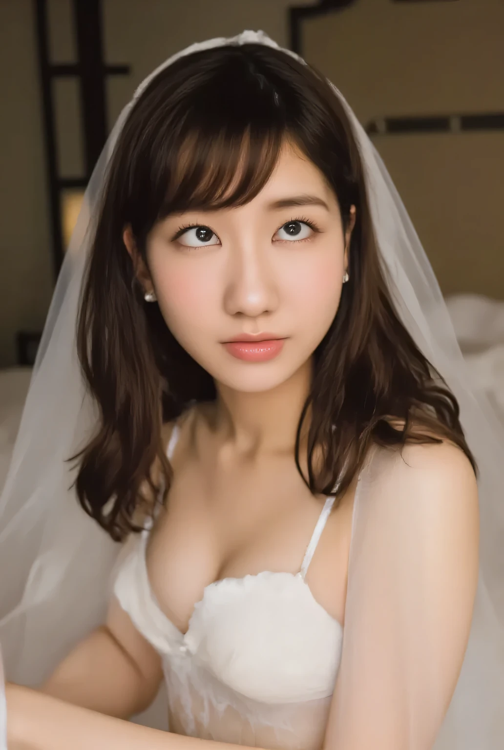 (8k, original photo, Highest Quality, masterpiece:1.2,),((((((truthistic, photo truthistic:1.3)))))),((( detailed background:1.2))),((Please open your mouth a little:1.3)), Ultra high definition , (8k, original photo, Highest Quality, masterpiece),(truthistic, photo truthistic), Ultra high definition , High Definition CG Integrated 8k Wallpaper ,(truth_skin, oily skin), perfect anatomy, beautiful dark hair,(long straight hair, Shiny Hair),At night,(thighs), embarrassing dynamic pose, doesn't get in the way unless you have a choker 、Shaped eyebrows, beautiful face,透き通ったskin, Erotic,(big boobs:1.5), small nose, glossy lips,Sex slave,( Night Love Hotel:1.８、Love Bed、ベッドの上で Is on all fours :1.9、 window:1.5) 、( showing chest :1.4),((sexy white lace mini prom dress:1.5、white wedding veil:1.5、Sexy White Garter Belt :1.5))、(( Is on all fours 、Put in、Deep joy、Vertex Gaze:1.2）,( Front Angle :1.7）, despair, ((It's so breathtaking:1.2))、 ecstatic face、 climax expression 、 looking up from below 、 Look at the ceiling、 full body cramps in the river  , Big Cleavage、( standing on all fours ，with ， sexy femininity)、( gets her face wet:1.5、strabismus woman:1.5、 I'm sticking my tongue out inside the pool facility:1.5、Cum In Mouth:1.5、Yanzhi:1.5、 drinking semen:1.3)、( embarrassing dynamic pose:1.3)