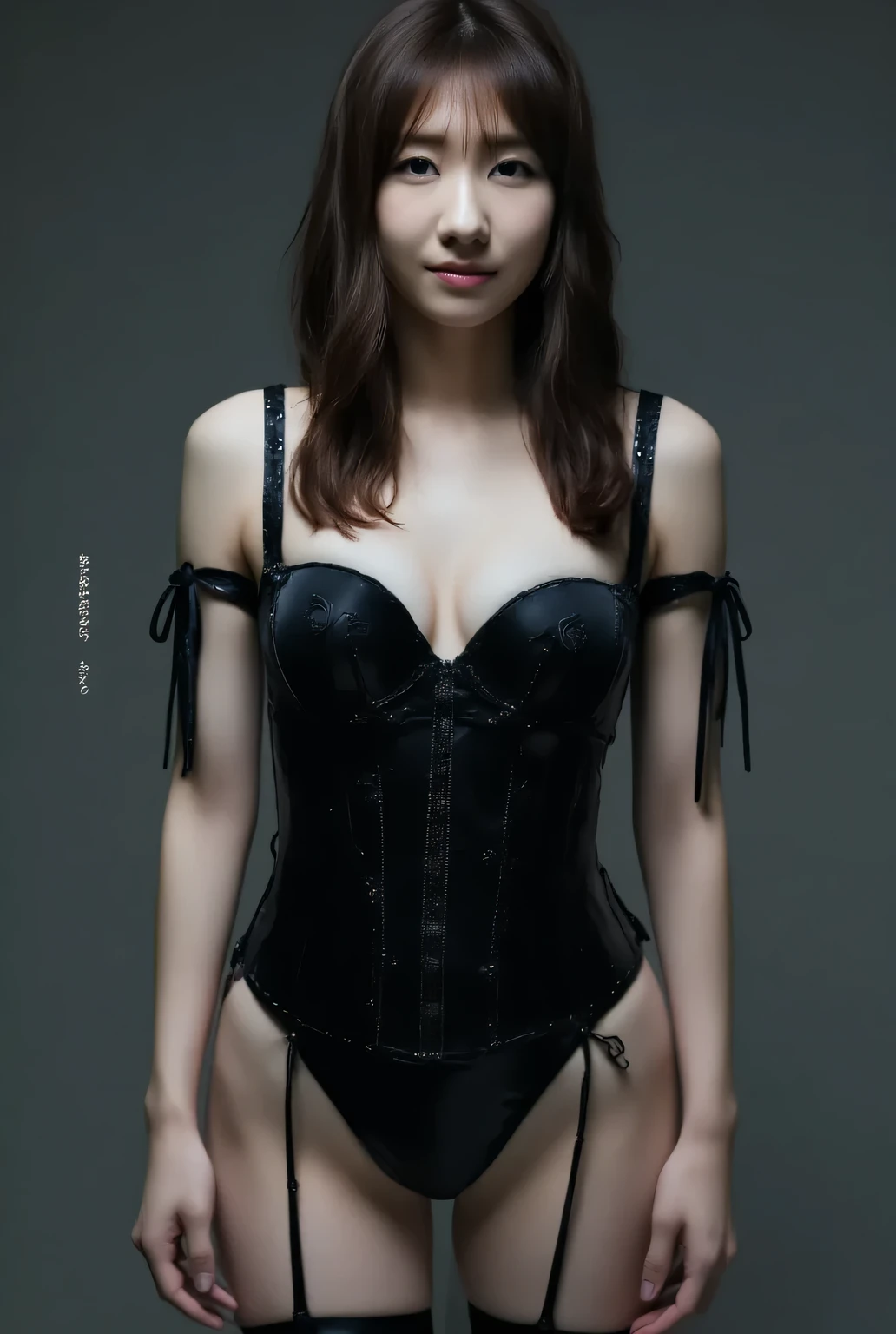 (8k, Original image, Highest Quality, masterpiece:1.2,),((((((truthistic, photo truthistic:1.3)))))),(((simple background:1.2))),((Please open your mouth a little:1.3)),super high resolution on the mountain, (8k, Original image, Highest Quality, masterpiece),(truthistic, photo truthistic),super high resolution on the mountain,Highly Detailed CG Synthesis 8K Wallpaper,(truth_skin, oily skin),perfect anatomy, beautiful dark hair,shiny long straight hair,At night,(thighs),embarrassing dynamic pose,doesn't get in the way unless you have a choker,(hollow eyes:1.5),Shaped eyebrows,beautiful face,透き通ったskin,Erotic,(big boobs:1.5),small nose,glossy lips,Sex slave,人形のような No expression,(  Collection Room:1.８) ,showing chest,(embarrassing dynamic pose:1.9),((Beautiful Black Latex Corset Mini Dress:1.5、Black Latex Knee High Stockings:1.5),(Mita Yurika:1.5),brainwashing, (( No expression:1.5,Emotional erasure,Unconscious Gaze,hypnotic state,Slender Look,emotionless))、((Stand upright and still, still)), No expression、HYPNOSIS、lower your arms、(angle (from the front):1.5)( Girl Standing Upright in a Glass Case :1.2) , ( Girl Standing Upright in a Glass Case :1.2), (Girl Standing in a Glass Case:1.2),(stare away:1.4),( Girl Decorated in a Showcase .:1.2),( Girl Decorated in a Glass Case :1.2),