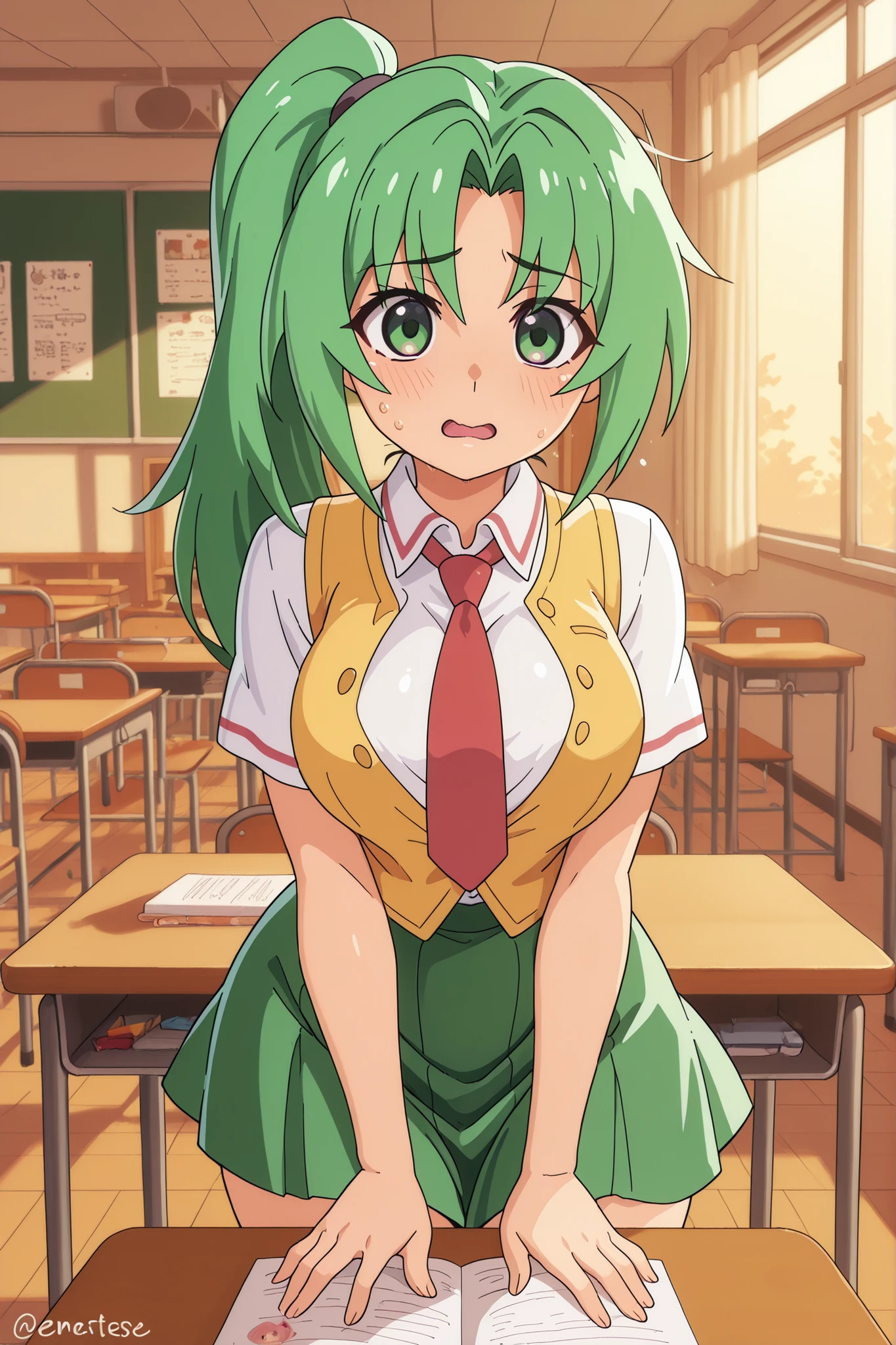 high quality, masterpiece, best quality, Mion Sonozaki from Higurashi with signature long bright green hair tied in high side ponytail, expressive green eyes showing mixture of emotions, characteristic school uniform partially disheveled with white shirt unbuttoned, yellow vest pushed aside, red tie loosened, green skirt hiked up, engaged in  intimate encounter with disproportionately large  creating visible stretching effect, facial expression showing conflict between her usual confident demeanor and current vulnerable state, flushed skin with light perspiration, detailed anatomical rendering showing physical connection, classroom setting after hours with sunset light filtering through windows, school supplies scattered on nearby desk. ее трахают 