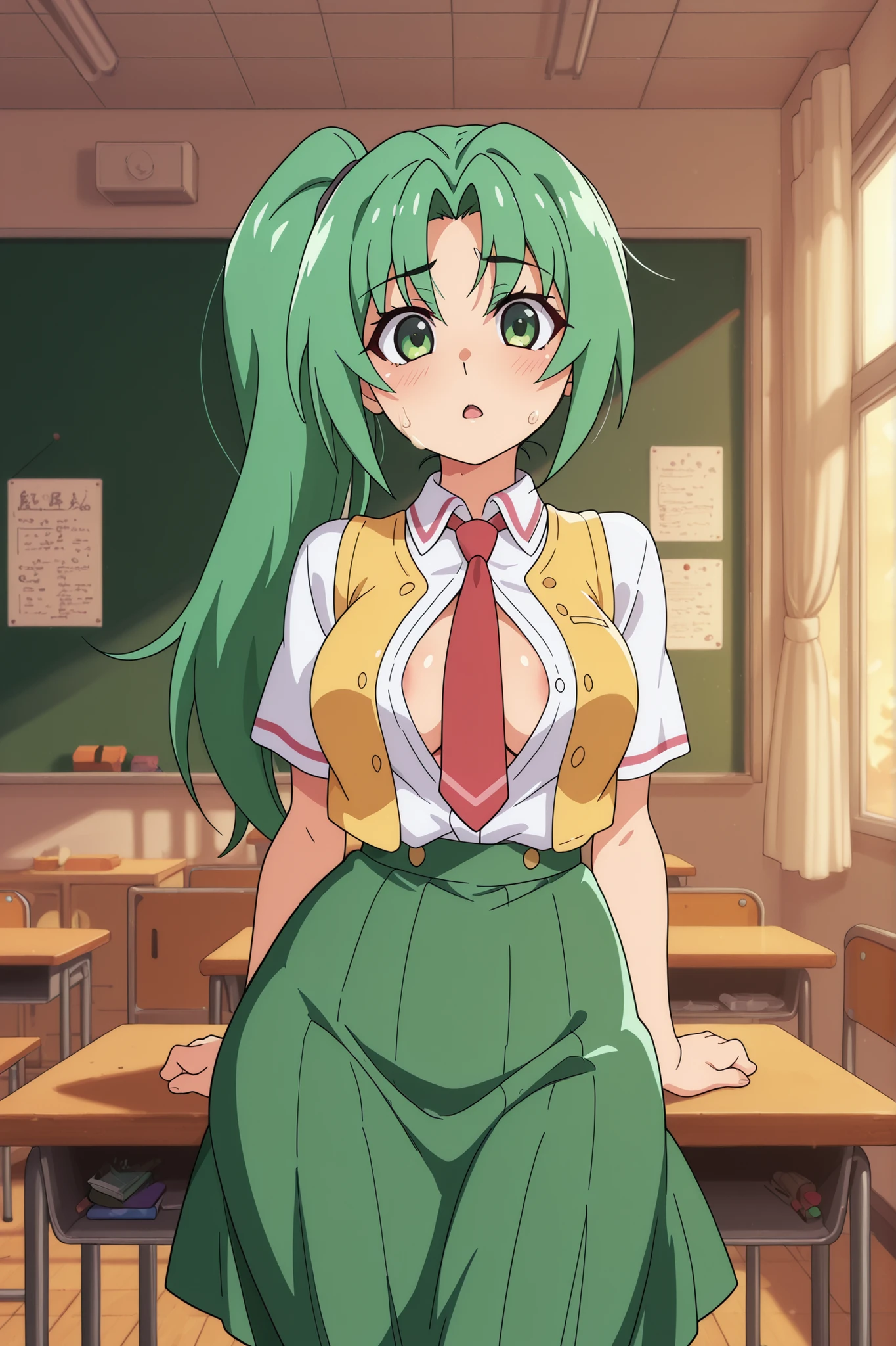high quality, masterpiece, best quality, Mion Sonozaki from Higurashi with signature long bright green hair tied in high side ponytail, expressive green eyes showing mixture of emotions, characteristic school uniform partially disheveled with white shirt unbuttoned, yellow vest pushed aside, red tie loosened, green skirt hiked up, engaged in  intimate encounter with disproportionately large  creating visible stretching effect, facial expression showing conflict between her usual confident demeanor and current vulnerable state, flushed skin with light perspiration, detailed anatomical rendering showing physical connection, classroom setting after hours with sunset light filtering through windows, school supplies scattered on nearby desk