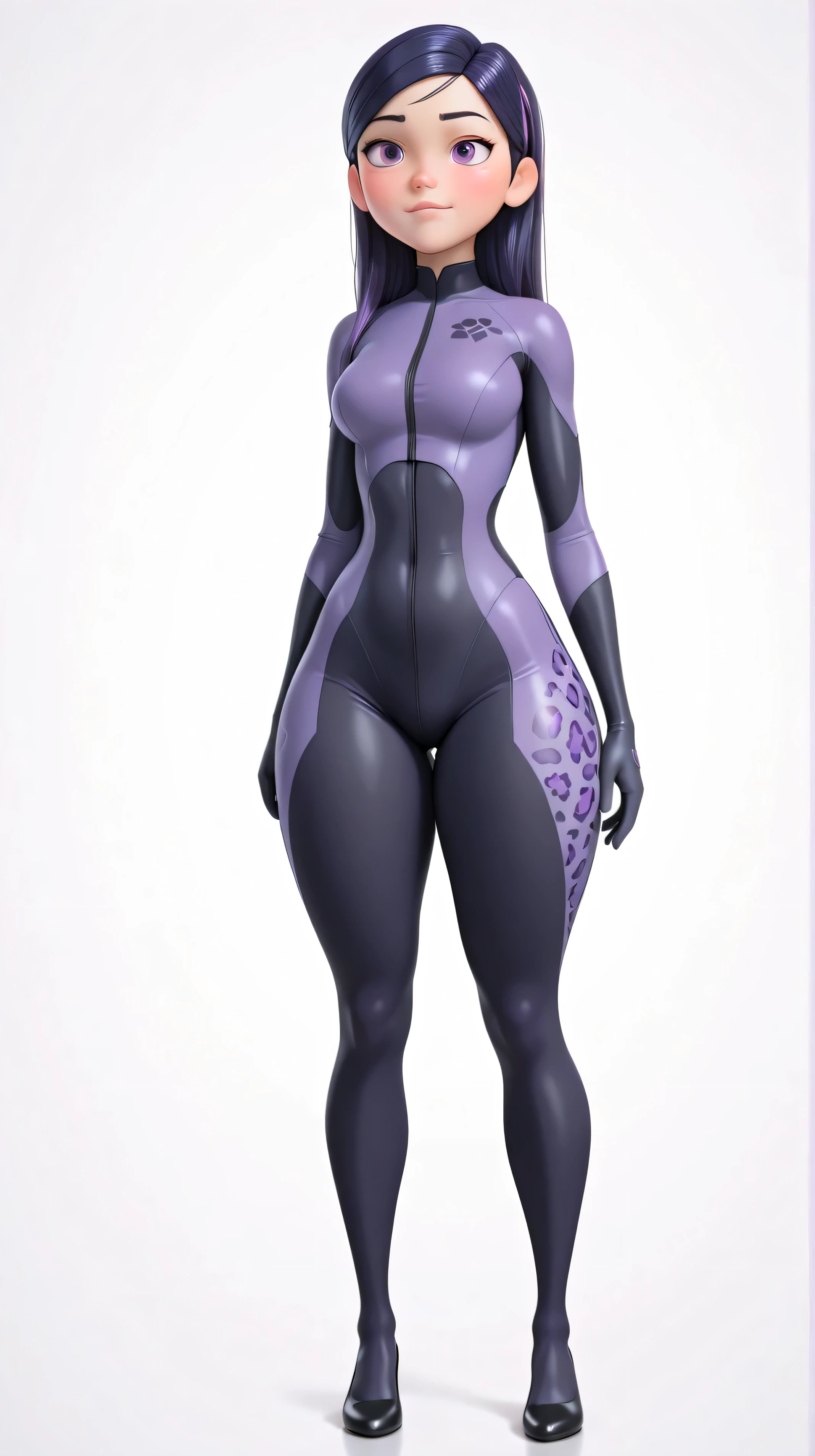 (the best quality: 1.4), (pretty face), Violet pair. Long dark purple hair with highlights, (purple eyes: 1.2) short height,  light smile. Simple Background. clear light. She is wearing a vinyl bodysuit with leopard print. ((wide hip, wide thighs and legs)), looking away. Masterpiece. Higher quality. Photo RAW. ultra detailed. extreme attention to detail.  anime desktop . dynamic shadows.  absurd . intricate details. CG Unity 16K High Quality Wallpaper. [Alone:1.5].