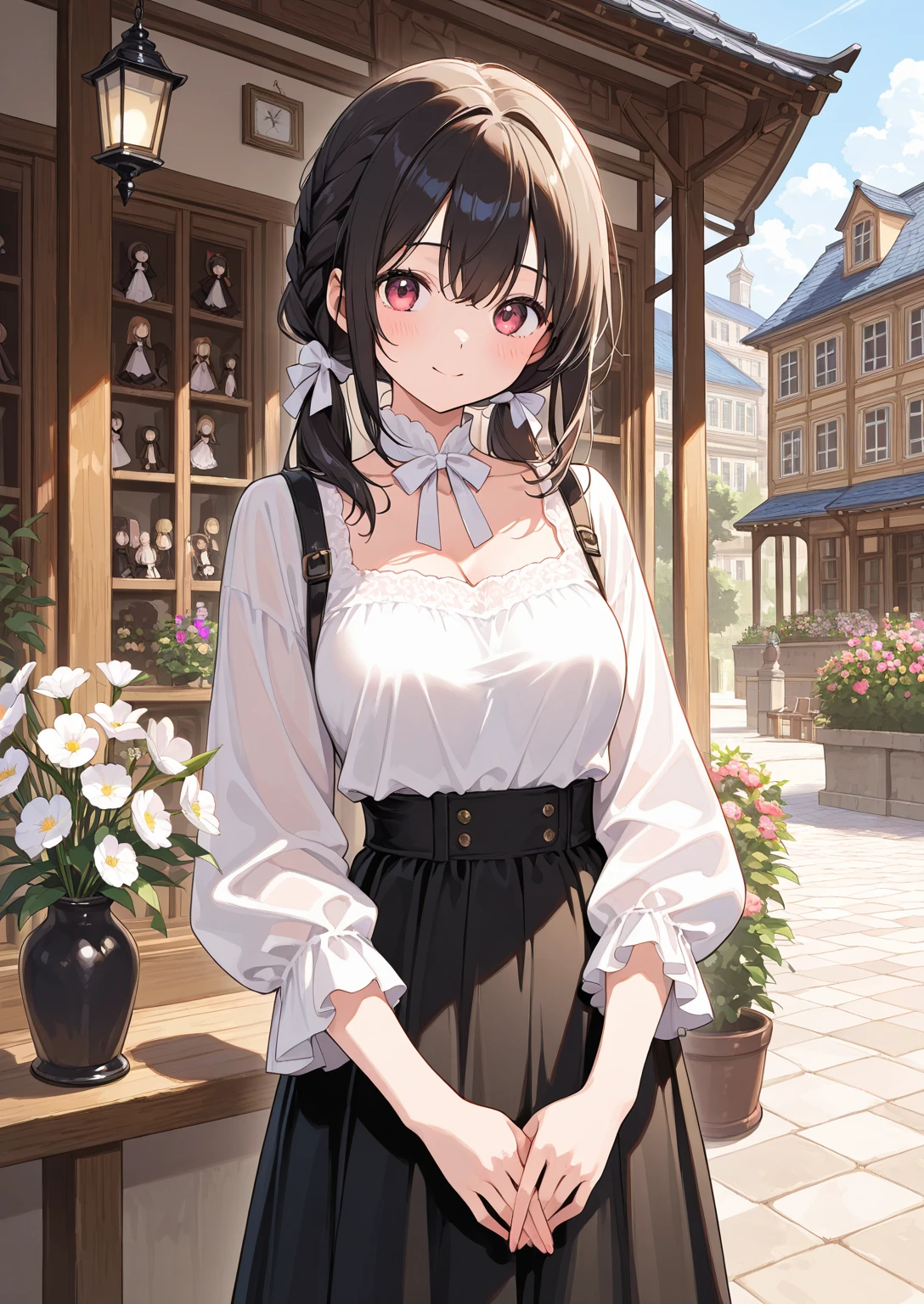 Best Picture Quality，8k，Real girl，Super detailed face，Ultra-detailed body，French bangs，self-shot，Beautiful pink eyes looking straight ahead，Masterpiece，Slightly messy hair，White suspenders，The background is at home，Home，and the sun was shining brightly，There are greenery
