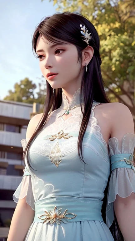 Detailed skin texture, detailed cloth texture, detailed face, masterpiece, best quality, super detailed, 8k, intricate detail, best quality, 1girl, bangs,  shoulders, black hair, ancient Chinese background, , thin, cape, , collarbone, patterned blue dress, gloves, hair bun, hair accessories, hair stick, jewelry, a mole, necklace, smile, solo, stockings, (hiqcgbody:0.5), (hiqcgface:0.5), full body photo,