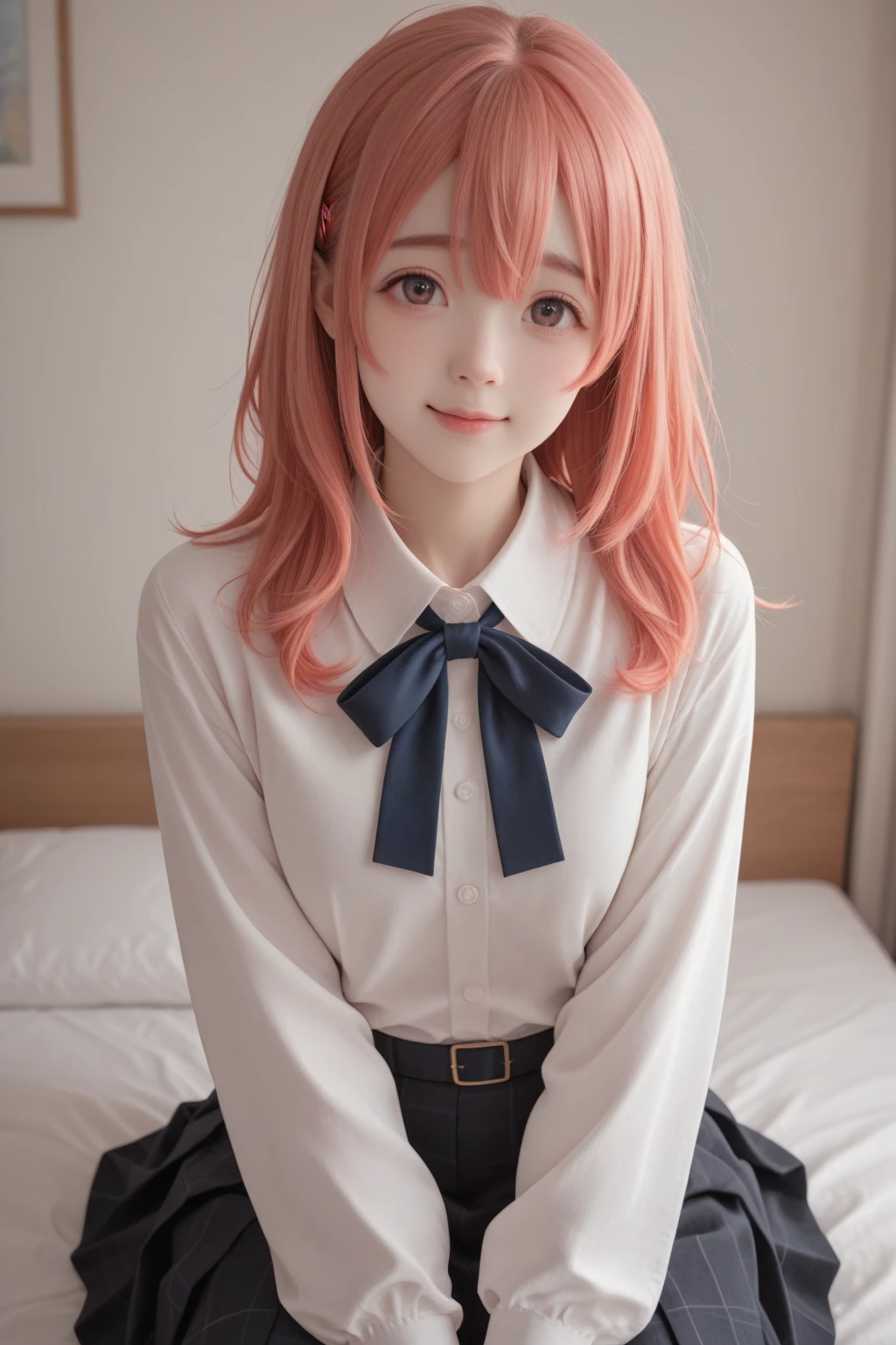 (masterpiece:1.3, top-quality, ultra high res, ultra detailed), (realistic, photorealistic:1.4), beautiful illustration, perfect lighting, natural lighting, colorful, depth of fields, , 
beautiful detailed hair, beautiful detailed face, beautiful detailed eyes, beautiful clavicle, beautiful body, beautiful chest, beautiful thigh, beautiful legs, beautiful fingers, shiny skin, babyface, 
looking at viewer, (face focus), 1 girl, japanese, high school girl, (perfect , anatomically correct, super detailed skin), cute and symmetrical face, perfect face, perfect eyes, 
(middle hair, (two side up), pink hair), hair between eyes, dark green eyes, long eyelashes, (large breasts,  thighs), , outstanding style, tiny, 
(detailed cloth texture, cardigan, light blue collared shirt, navy pleated skirt, red tie, black pantyhose), 
(beautiful scenery), evening, (room, bed, blue curtains, window), sitting, (lovely smile, upper eyes),