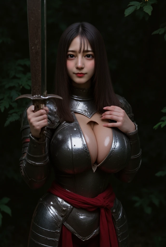 (One Knight Girl)、top-quality、​masterpiece、超A high resolution、(Photorealsitic:1.4)、Raw photo、女の子1人、（Wear detailed Dark Knight armor）、(((heavy breasts))),glowy skin、(Random hair),(((Detailed  Armor)))、Fight with beautiful swords and shields、(((Mystical expression))),(((Have a gorgeous and long magic wand))),（Gorgeous gold metal body）、(Fight goblins、ogre、Fierce battle with orcs),（Fighting strong enemies）、Fight fiercely、(Background of decaying dungeon ruins)、（Ultimate Beauty）、（Detailed knight's helmet）、(Fighting Demonic Beasts)、()、((super realistic details))、portlate、(Strong giant demon beast background),globalillumination、Shadow、octan render、8K、ultrasharp、Colossal tits、Raw skin is  in cleavage、metals、Details of complex ornaments、Japan details、highly intricate detail、Realistic light、(Mystical expression),CGSoation Trends、Red Eyes、radiant eyes、Facing the camera)、Gundam、Small LED、Toostock、（Background of the mutation）、（Attack of the Monster Beasts）、Ultimate Beauty、beautiful female knight、Wear colorful armor、Detailed sword、（Wearing legendary armor）、