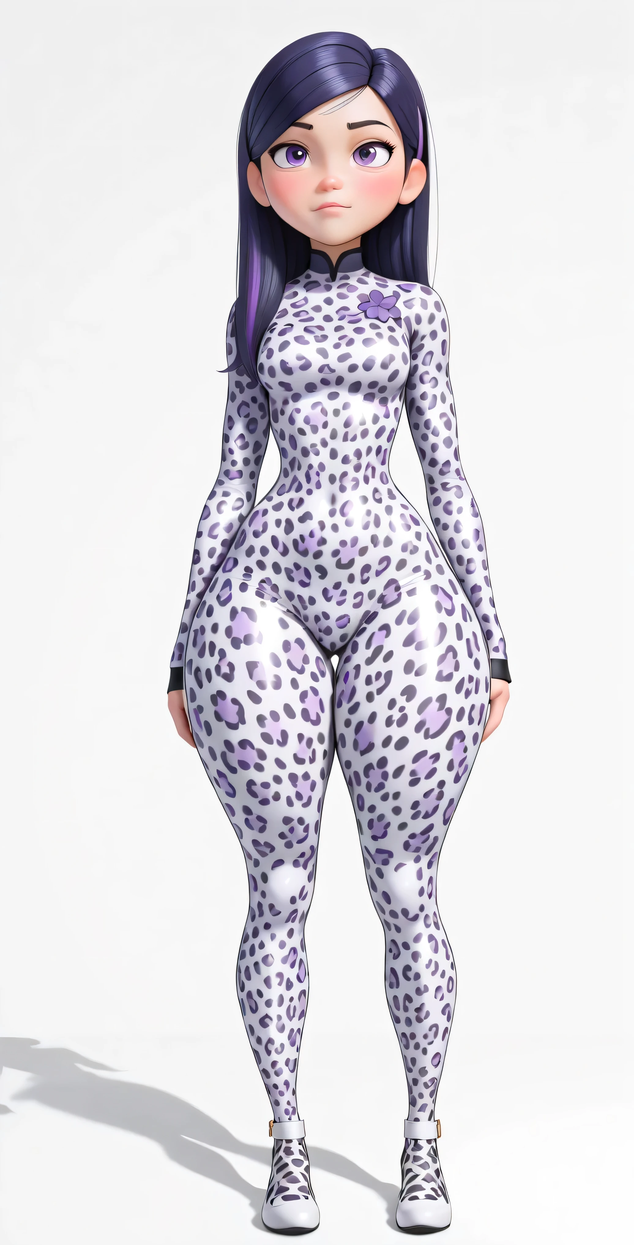 (the best quality: 1.4), (pretty face), Violet pair. Long dark purple hair with highlights, (purple eyes: 1.2) short height,  light smile. Simple Background. clear light. She's wearing a white latex bodysuit, ((leopard print 1.5)) . ((wide hip, wide thighs and legs)), looking away. Masterpiece. Higher quality. Photo RAW. ultra detailed. extreme attention to detail.  anime desktop . dynamic shadows.  absurd . intricate details. CG Unity 16K High Quality Wallpaper. [Alone: 2.5].