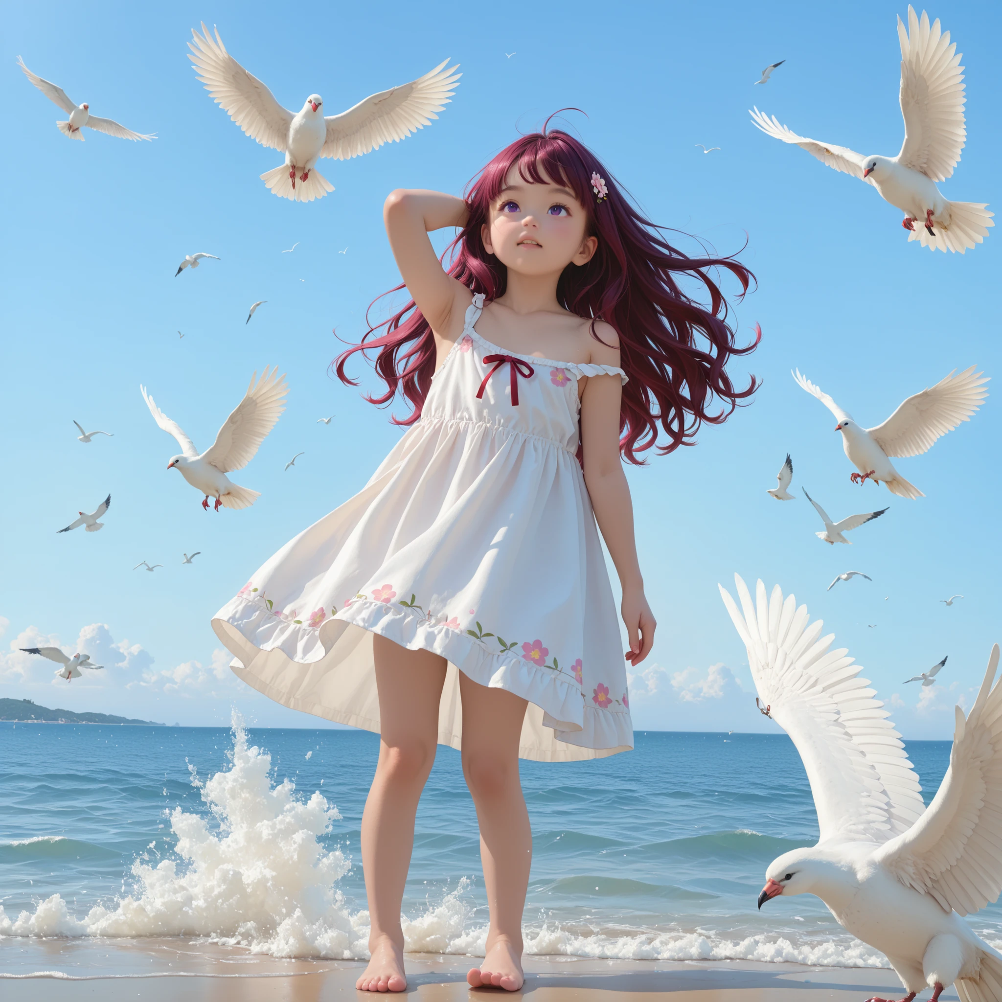 ultra sharp, 8k, Canon R5, 85mm f/1.2 lenses, Clean Exposure, Cinematic depth of field. outdoor, Paolo Peregrin's enigmatic atmosphere and Roger Deakins' moody lighting. young girl, (long reddish-purple red crimson long hair) ツインテールヘアー, arm behind head, look up, (baby-like face) (infant body shape) (short limbs) (wearing slip-dress) full body (((lots of white birds flying around the blue sky and sea space))) ((lots of white doves flying around unearthly)) (A bird crosses in front of the girl) floral hair ornament, dramatic low key lighting. Ritualistic. mysterious, shallow depth of field. mysterious魅力, form below, half front view, low angle. full body. barefoot,
BREAK,
(最高品質, 8k,32K,傑作, 超高解像度:1.2),非常に詳細なCGユニティ8K壁紙,複雑な詳細,生写真,(写実的:1.4),雰囲気,超高解像度,現実istic,現実,巨大な_ファイルサイズ,非常に高解像度,(中央揃え:1.3),超イラスト,(超詳細な),シネマティックライティング,様々な色,被写界深度,アート:クレンツ・クシャールト,ゴールデンアワーライティング, を正確に描いた ,シグマアートレンズ 35mm F1.4,ISO 200 シャッタースピード 2000