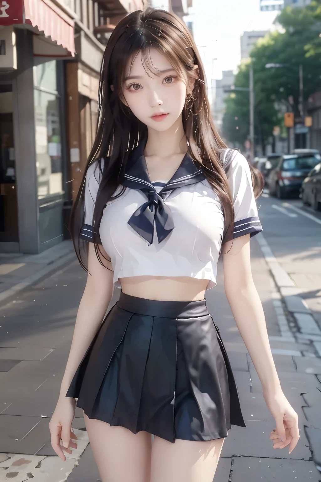 ( Super High Definition), (I'm looking over here), (school uniform:1.2, sailor suit, flared skirt), (Big Breasts:1.2), (Slimness:1.8), ( Read more:1.4), (thin thighs:1.4), ( thin hips:1.6), ( beautiful skin, shiny skin, white skin), (Super slim face, Super beautiful face, makeup, Smile :0.8), ( light brown hair, semi-long, layered cut , fluffy hair), ( big eyes:1.4, High corners of the eyes:1.6, double eyelids), (Thin eyebrows:0.1), ( small nose:0.6), ( thin lips:0.6), downtown