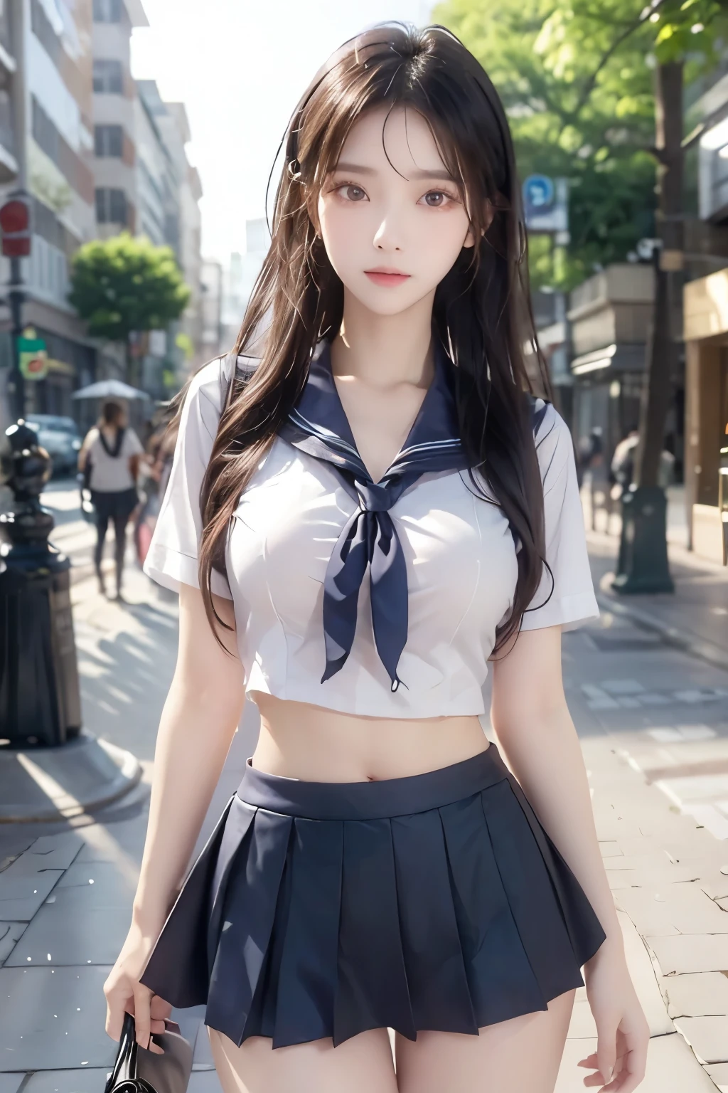 
( Super High Definition), (I'm looking over here), (school uniform:1.2, sailor suit, flared skirt), (Big Breasts:1.2), (Slimness:1.8), ( Read more:1.4), (thin thighs:1.4), ( thin hips:1.6), ( beautiful skin, shiny skin,  white skin), (Super slim face, Super beautiful face, makeup,  Smile :0.8), ( light brown hair,  semi-long,  layered cut ,  fluffy hair), ( big eyes:1.4, High corners of the eyes:1.6,  double eyelids), (Thin eyebrows:0.1), ( small nose:0.6), ( thin lips:0.6), downtown