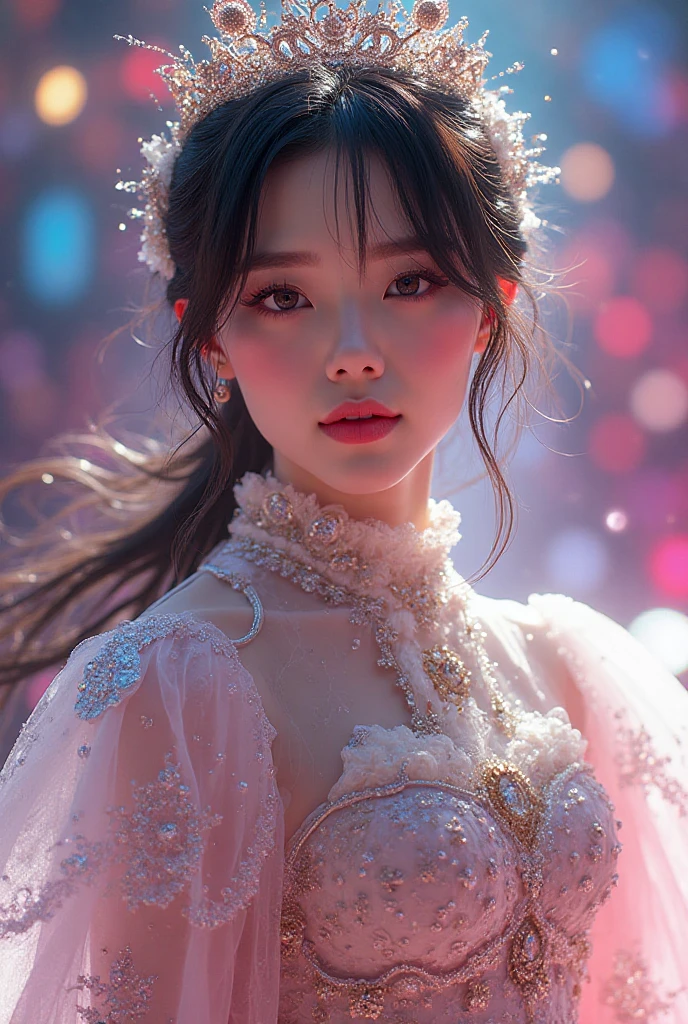 White Background、Professional Lighting、(((Professional Lighting 1.5)))、Translucent skin texture、Beautiful Skin、Beautiful Skin、、Off the shoulder、White Dress、(((See-through 1.2)))、fluttering feathers、 of Musical Notes、(())、Face close-up