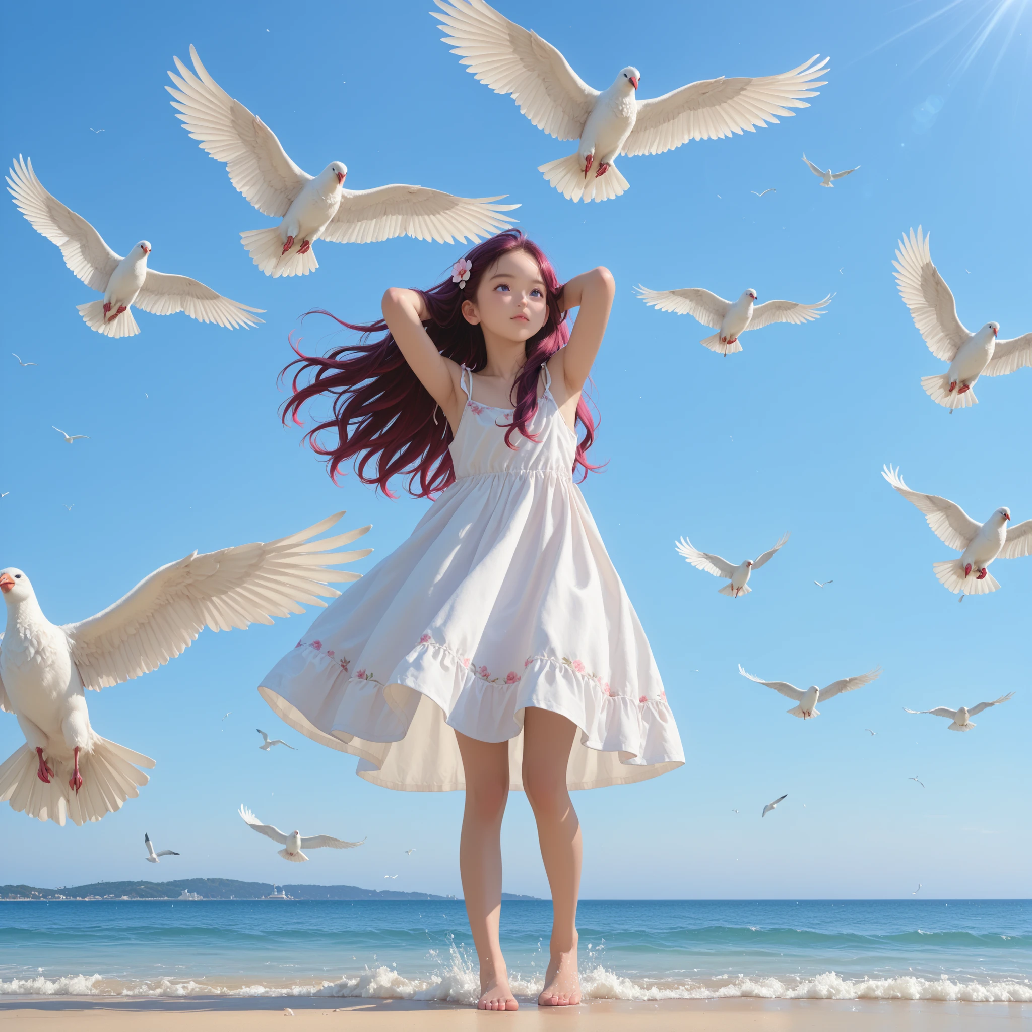 ultra sharp, 8k, Canon R5, 85mm f/1.2 lenses, Clean Exposure, Cinematic depth of field. outdoor, Paolo Peregrin's enigmatic atmosphere and Roger Deakins' moody lighting. young girl, (long reddish-purple red crimson long hair) ツインテールヘアー, arms behind head, look up, (baby-like face) (infant body shape) (short limbs) (wearing slip-dress) full body (((lots of white birds flying around the blue sky and sea space))) ((lots of white doves flying around unearthly)) (A bird crosses in front of the girl) floral hair ornament, dramatic low key lighting. Ritualistic. mysterious, shallow depth of field. mysterious魅力, form below, half front view, low angle. full body. barefoot,
BREAK,
(最高品質, 8k,32K,傑作, 超高解像度:1.2),非常に詳細なCGユニティ8K壁紙,複雑な詳細,生写真,(写実的:1.4),雰囲気,超高解像度,現実istic,現実,巨大な_ファイルサイズ,非常に高解像度,(中央揃え:1.3),超イラスト,(超詳細な),シネマティックライティング,様々な色,被写界深度,アート:クレンツ・クシャールト,ゴールデンアワーライティング, を正確に描いた ,シグマアートレンズ 35mm F1.4,ISO 200 シャッタースピード 2000