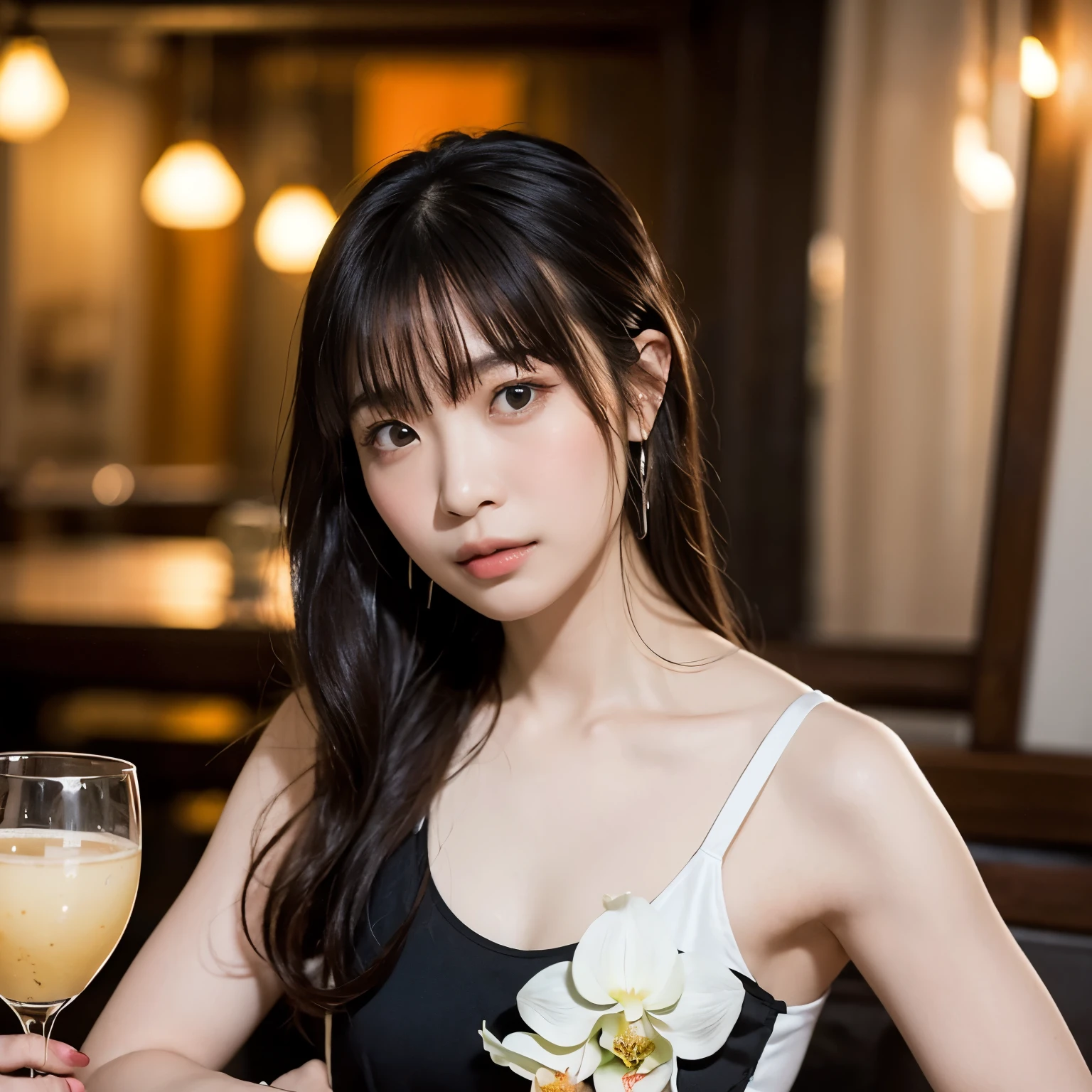 A cinematic portrait photograph of a serene 20-year-old Thai girl with long, flowing white hair cascading down her shoulders. She stands gracefully, wearing a delicate silk dress, and offers a soft smile, her deep black eyes reflecting a quiet confidence and inner peace. The background is a softly blurred, upscale restaurant with warm, ambient lighting and subtle reflections of crystal glassware and silverware.with goodlooking guy A single orchid rests elegantly on the table beside her, complementing her natural beauty and creating a sophisticated, tranquil atmosphere.Below, a sprawling cyberpunk cityscape blurs with neon red and orange lights reflecting off rain-slicked streets, Urban nightA Japanese woman of poetic, realistic beauty is depicted in a black camisole, surrounded by petals that glow like tiny lanterns. Her skin is a pale reddish hue of spring, dotted with fresh highlights like morning mist. The background transitions into a soft watercolor gradient of peach and ivory, evoking a modern Japanese fairy tale. The exquisite lighting, cinematic tone, and meticulous detailing are all combined.