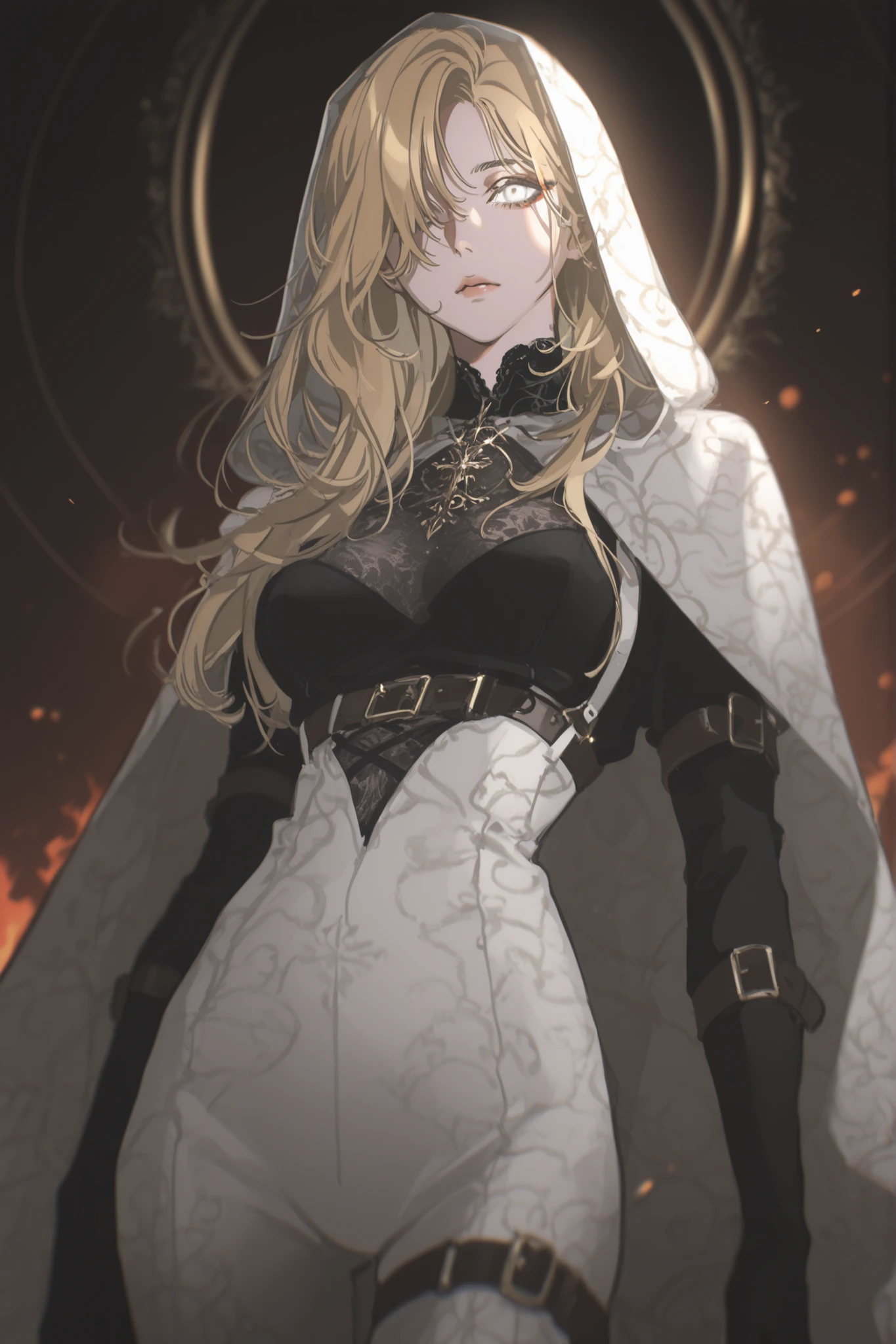 best quality, masterpiece, 1girl, blond, light hair, long_hair, priestess, sacred, angel, straight_hair, neutral expression, priestess, mature face, dark fantasy, {black and gold splash art}, belts, leg belt, arm belt, pattern undershirt, black undershirt, black_skirt, white hood, white cloak, embers, fire, cosmic horror, starry background, sunlight, saint, goddess, round eyes, lingerie pattern), 1girl, medium_shot, long_hair, blurry, black_shirt, tight dress, eyeliner, anime_style, gothic, black gloves, white robes, goth, dark background, one-piece white bodysuit, white bodysuit, black pattern_leggings, blurry_background, 1girl, yoneyama mai, pale, parted_bangs, cut_bangs, hair over one eye, white eyes, edgy fashion, victorian style, bold look, fashionable, solo, blurry, chromatic aberration, portrait, rich color, beautiful light, perfect contrast, realistic facial features, detailed features, defined features, detailed hair, semi-realistic style, attractive features, dark colors, dark lighting, painted style, detailed style, black outline, perfect detail, pale skin, dull colors, anime style, semi-realistic, cute, boy, clear background, lifeless colors, dirty filter, dark, rough sketch lineart, loose lineart, watercolor coloring, masterpiece, ultra detailed, 4k, 8k, ultra hd, bestf