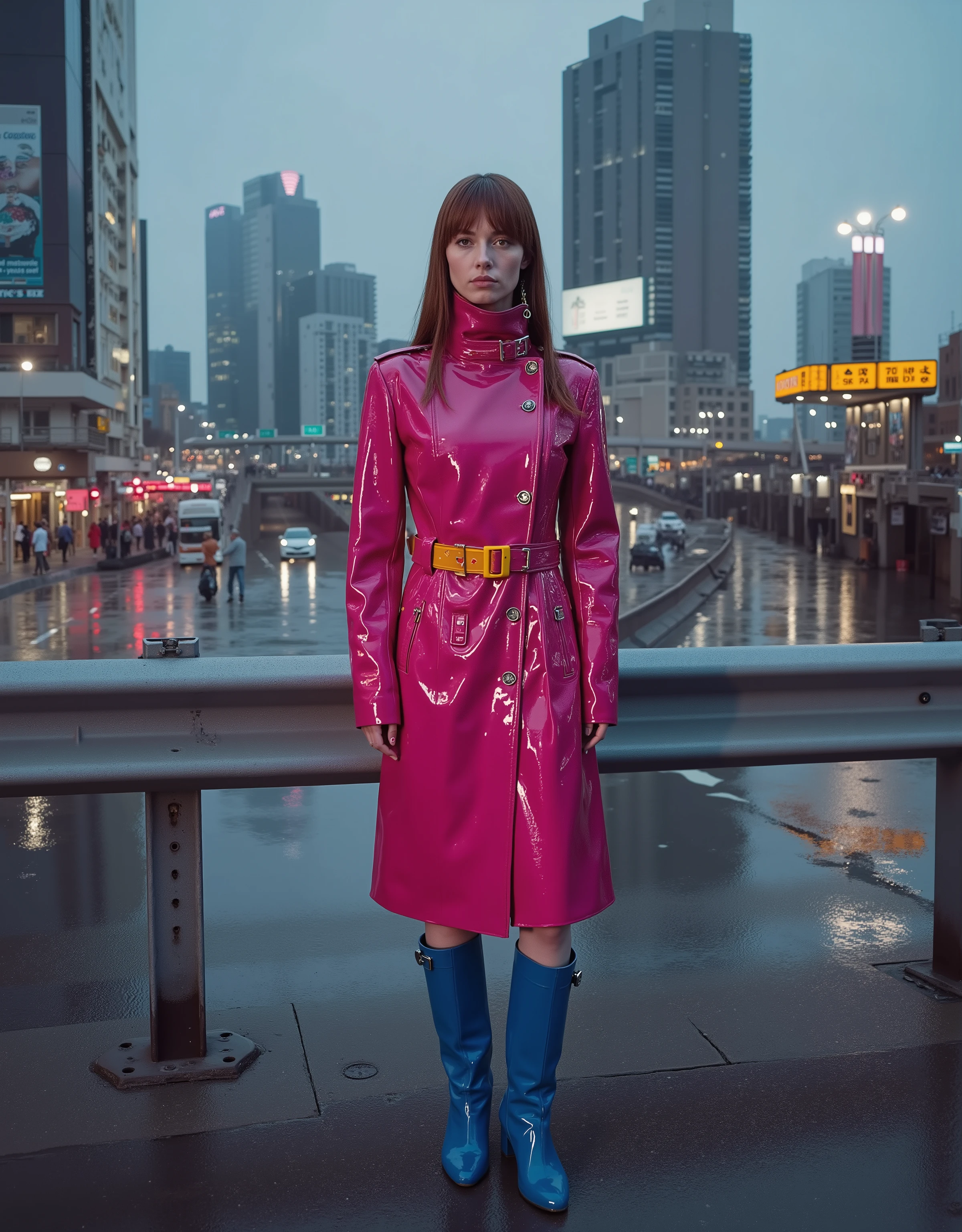 futuristic, elevated highway, billboards on buildings, high buildings, low buildings, people, bus station, shop lights, neons, illuminated, electric poles, signs, cars, rain, a 35 year old woman wearing a shining pink GothTrench with twi bright polished yellow belts that are tightly squeezing her hips, the woman wears blue rubber boots that are knee length, the woman has long brown hair, the woman is standing at the bus stop, the camera is positioned in behind the highway guard rail