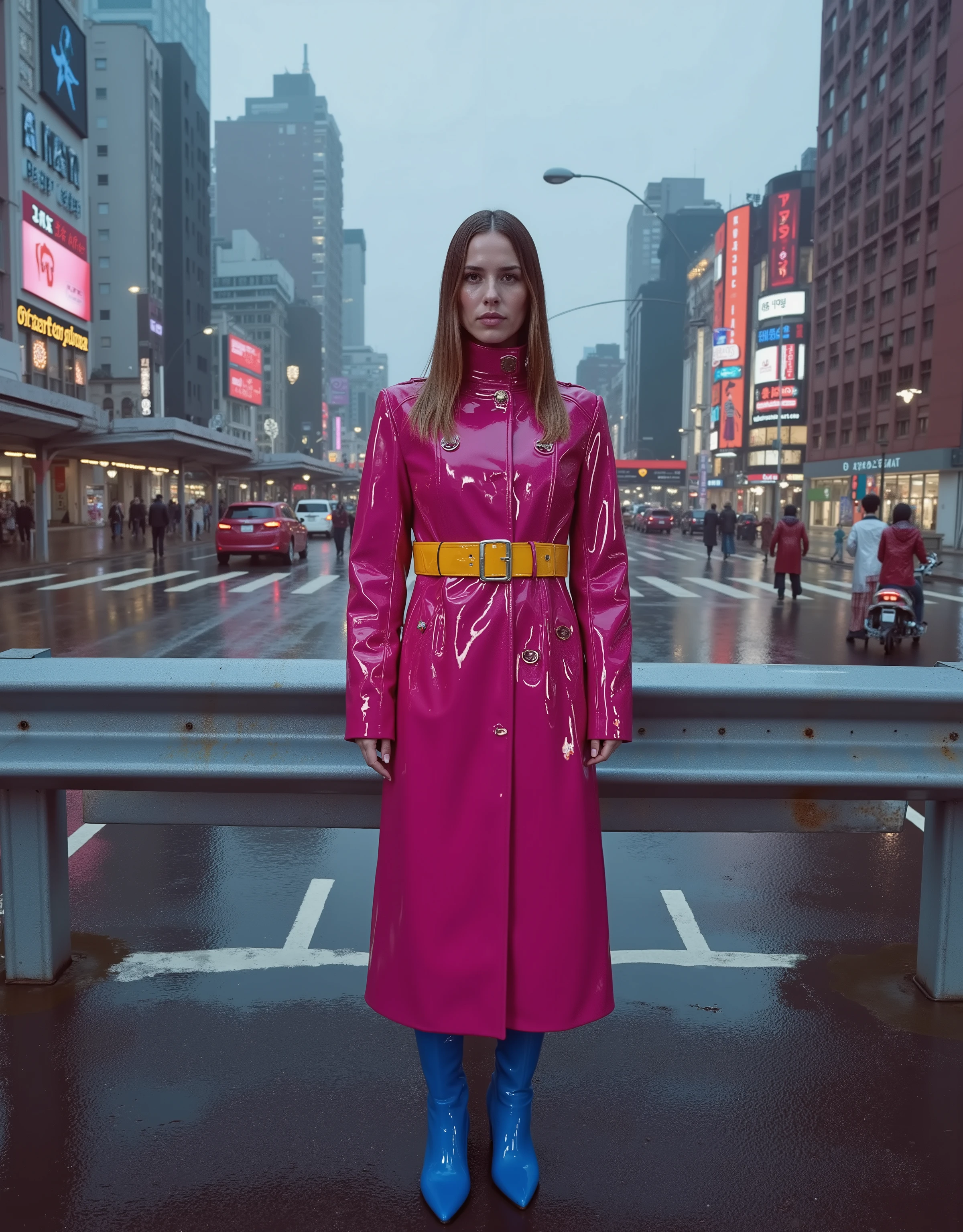 futuristic, elevated highway, billboards on buildings, high buildings, low buildings, people, bus station, shop lights, neons, illuminated, electric poles, signs, cars, rain, a 35 year old woman wearing a shining pink GothTrench with twi bright polished yellow belts that are tightly squeezing her hips, the woman wears blue rubber boots that are knee length, the woman has long brown hair, the woman is standing at the bus stop, the camera is positioned in behind the highway guard rail