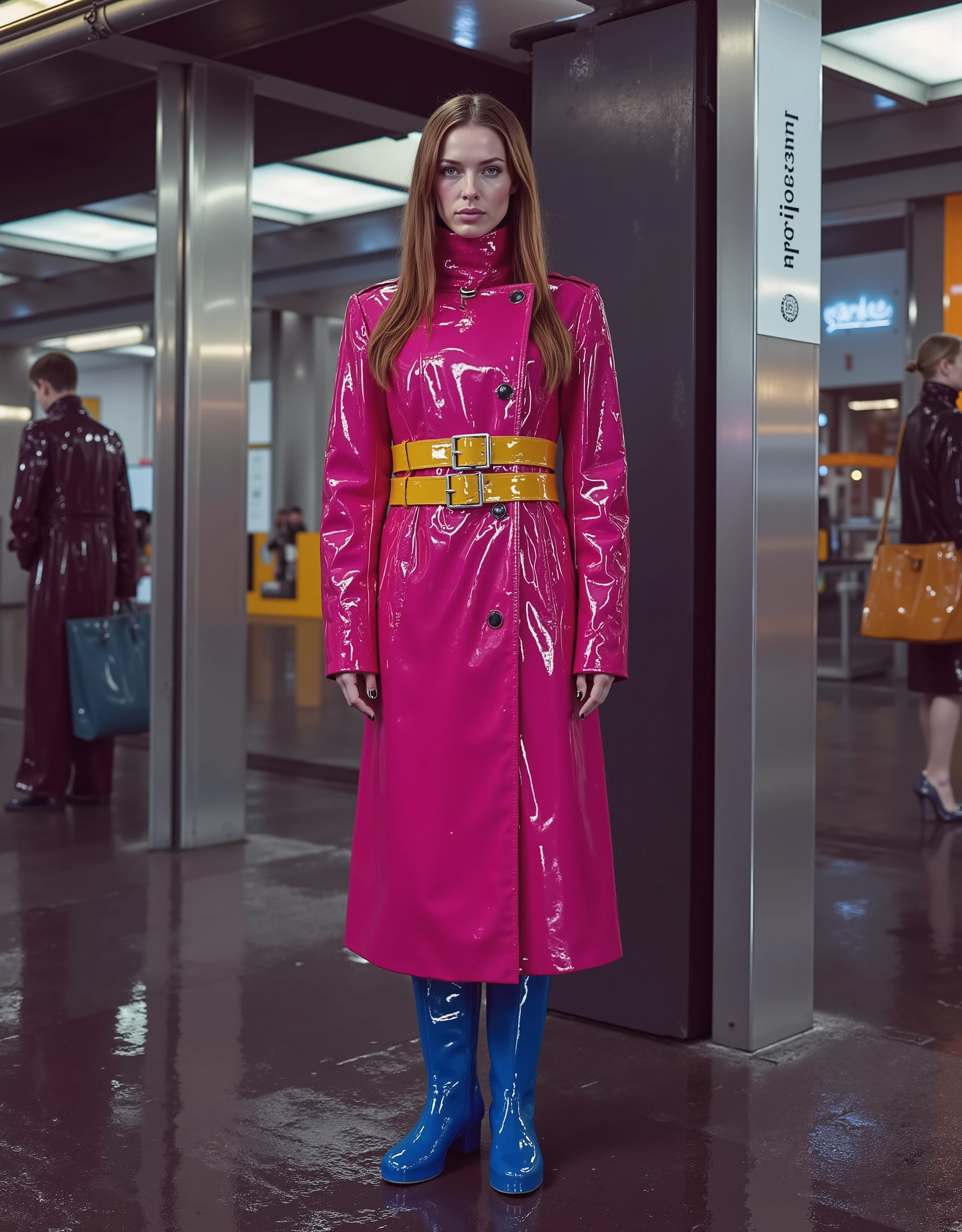 a 35 year old woman wearing a shining pink GothTrench with two bright polished yellow belts that are tightly squeezing her hips, the woman wears blue rubber boots that are knee length, the woman has long brown hair, the woman is standing at the bus stop in a futuristic cyberpunk city, her skin is sweaty