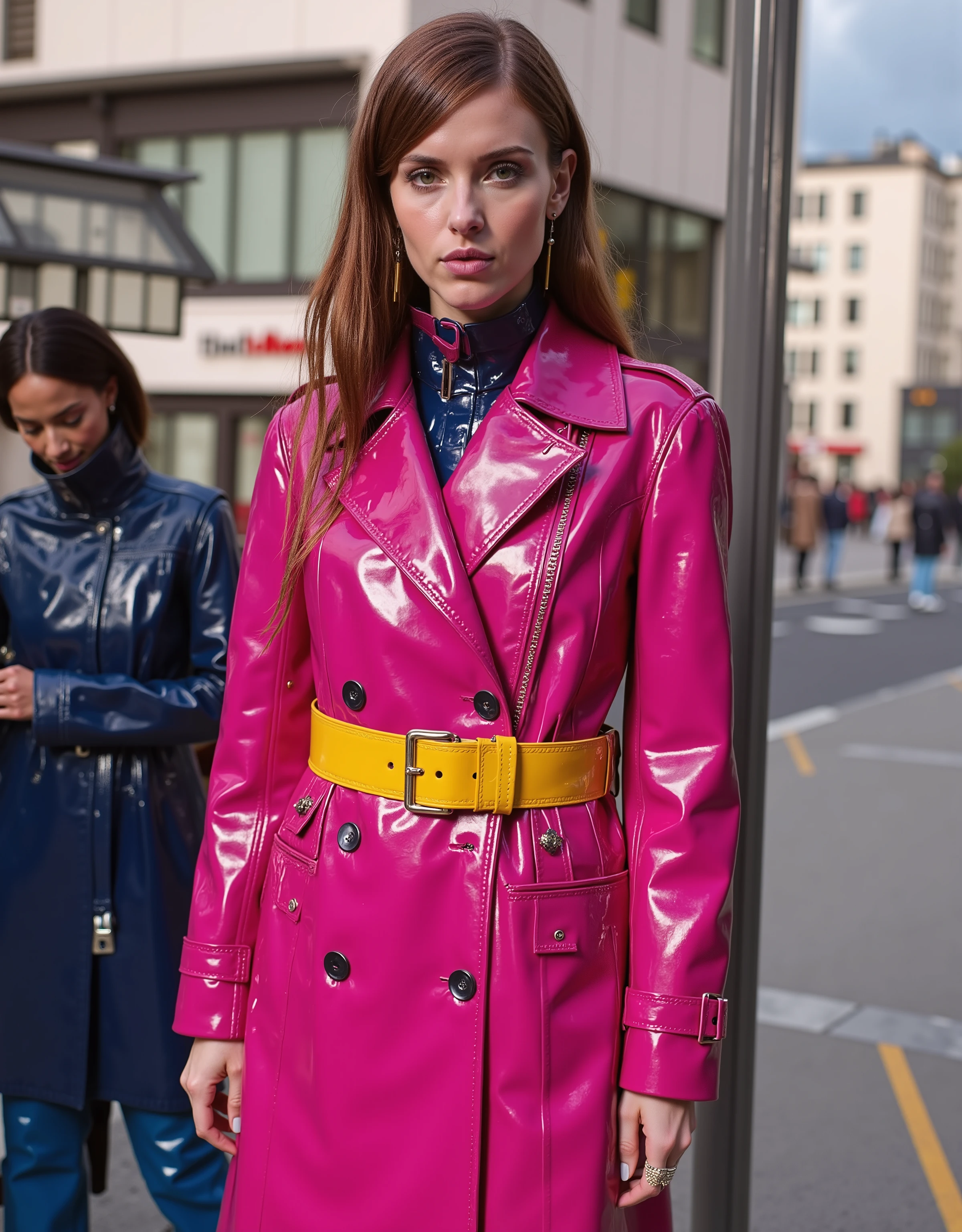 a 35 year old woman wearing a shining pink GothTrench with two bright polished yellow belts that are tightly squeezing her hips, the woman wears blue rubber boots that are knee length, the woman has long brown hair, the woman is standing at the bus stop in a futuristic cyberpunk city, her skin is sweaty