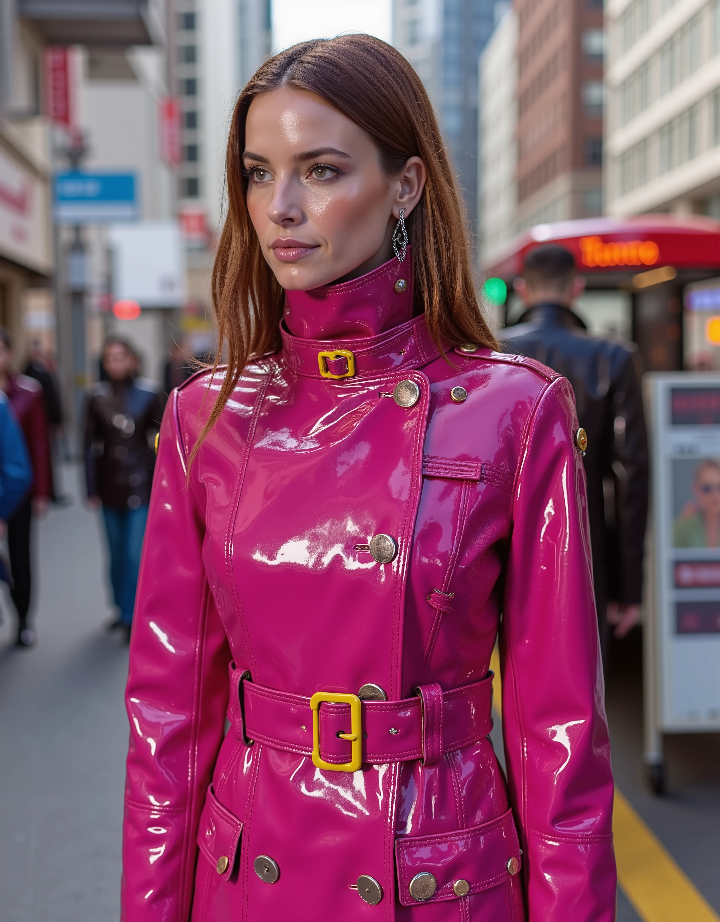 a 35 year old woman wearing a shining pink GothTrench with two bright polished yellow belts that are tightly squeezing her hips, the woman wears blue rubber boots that are knee length, the woman has long brown hair, the woman is standing at the bus stop in a futuristic cyberpunk city, her skin is sweaty