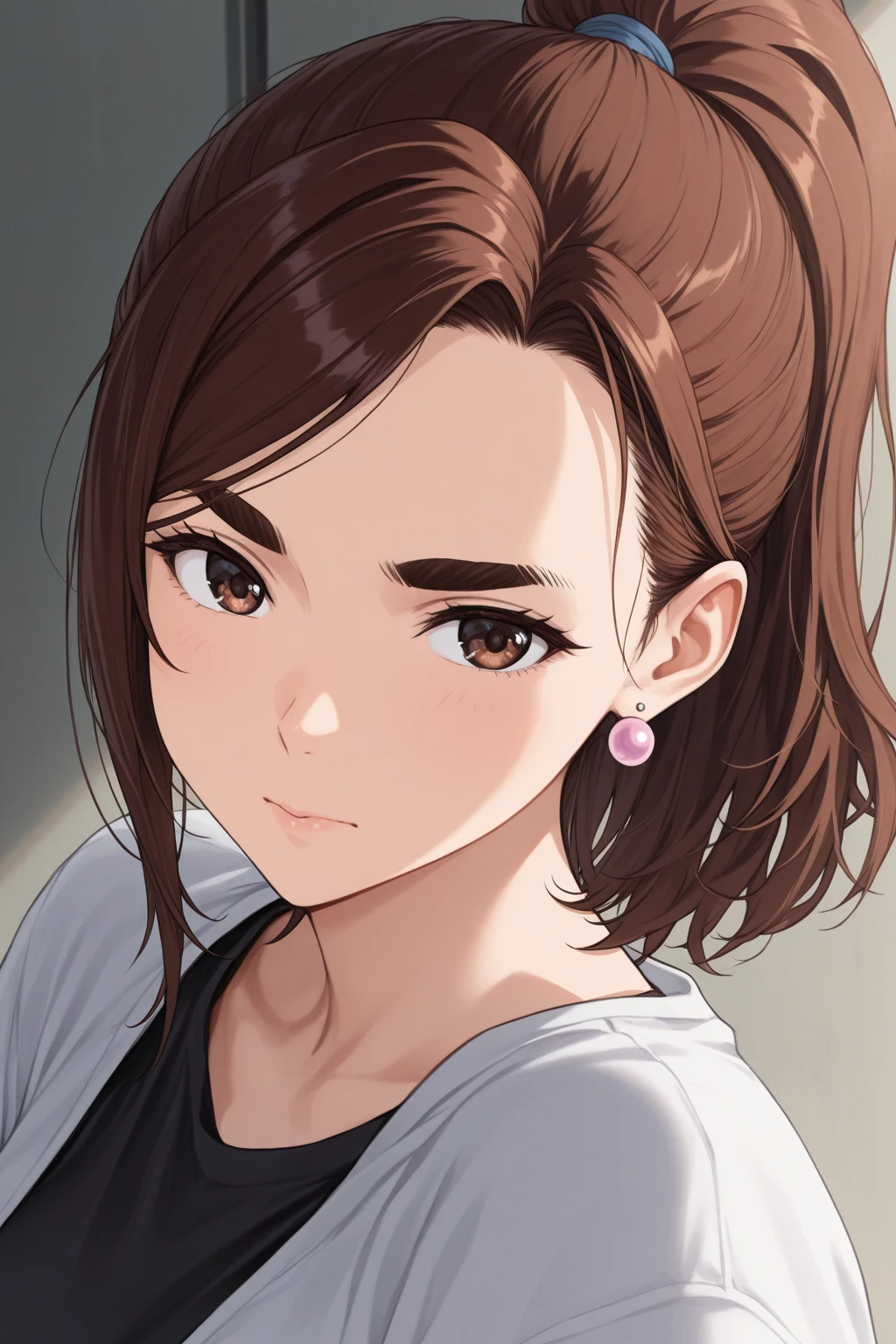 The man behind woman,touches woman's chest、Side shot、Light background、Japanese woman wearing a white turtleneck sleeveless sweater、 (((Hold your chest with your elbowasterpiece))), ((highest quality)), ((intricate details)), (((black long hair)), absurd solution, law of near and far, very detailed, realistic, 1 girl, ((big breasts)), perfect hands, finger details, beautiful and fine eyes, short hair, brown eyes,(turtleneck:1.2), Tight Skirt, detailed background, choker, perfect eyes, enchanting eyes,, from the front、laughter、one Mole around the mouth、whiteknit dress