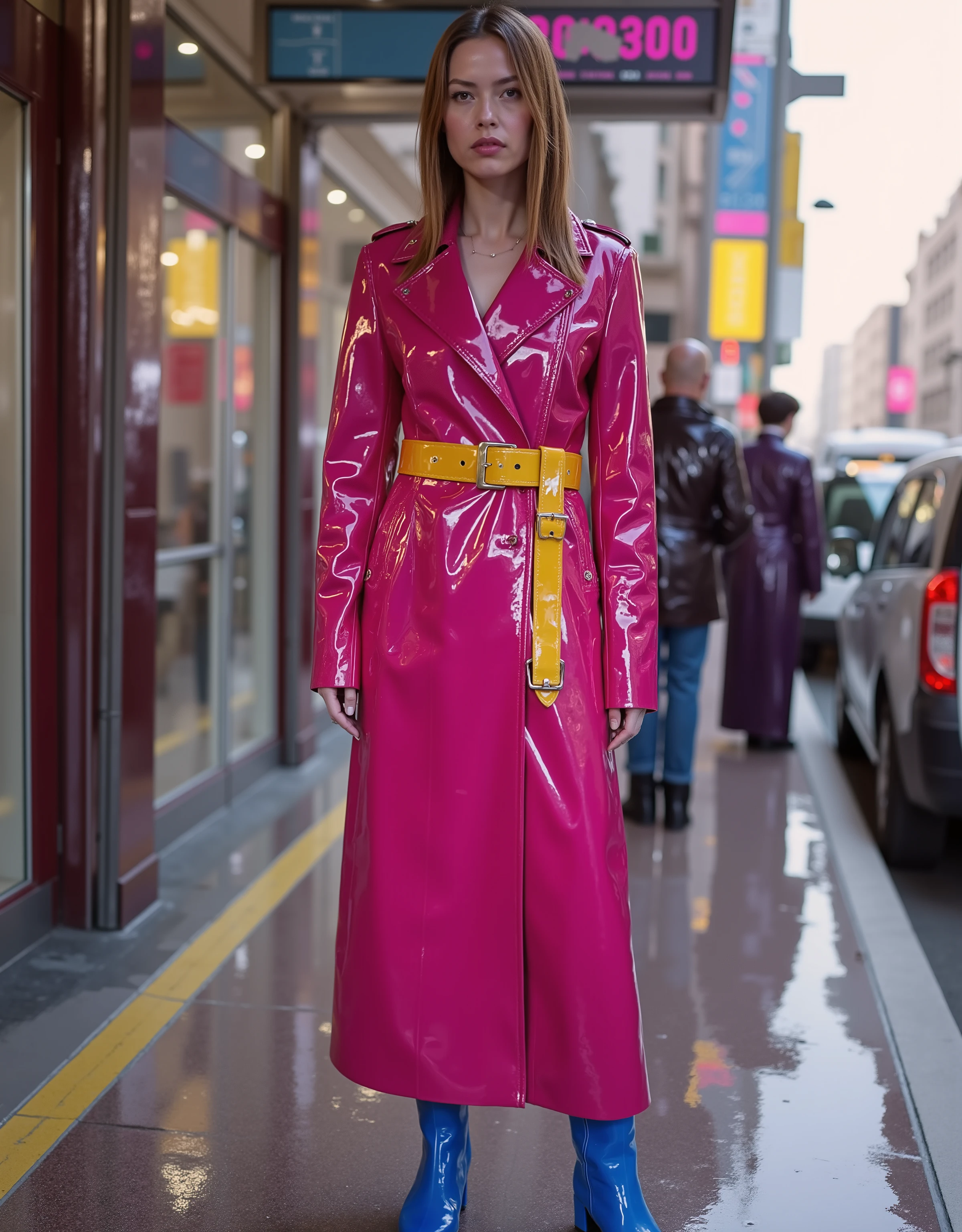 a 35 year old woman wearing a shining pink GothTrench with two bright polished yellow belts that are tightly squeezing her hips, the woman wears blue rubber boots that are knee length, the woman has long brown hair, the woman is standing at the bus stop in a futuristic cyberpunk city, her skin is sweaty