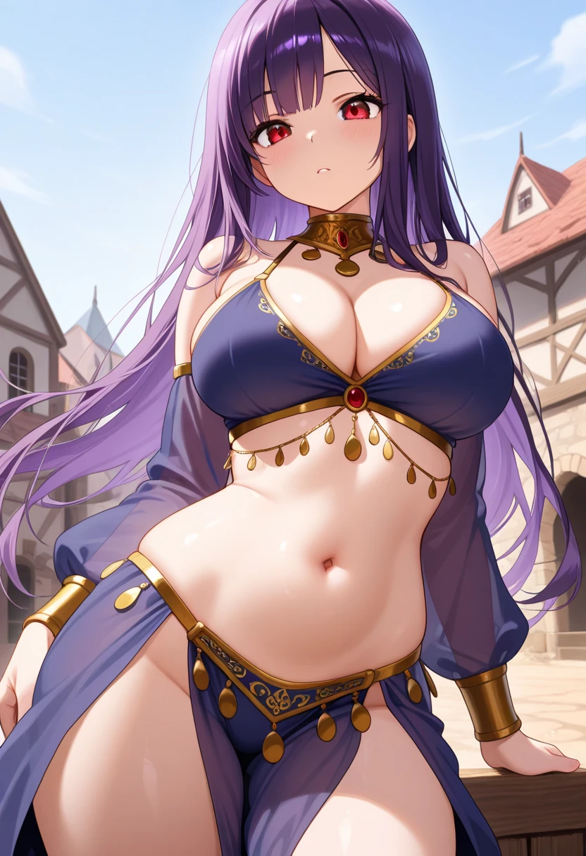 high quality, ultra detailed, best quality, insanely detailed, beautiful, masterpiece, 1girl, medieval plaza, cowboy shot, red eyes, long hair, purple hair, belly dancer, circlet, earrings, armlets, bracelets, bashful smile, ?????????????, cleavage, soft stomach