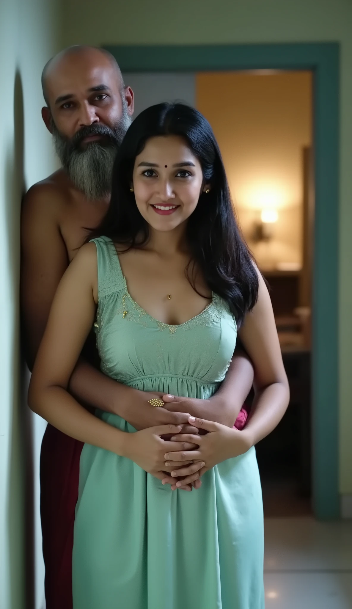  An old Hindu Pandit and pretty woman anikha mid-20s, stand closely together in a dimly lit room. The man, bald, very dark skin, with a long gray beard, is shirtless. The woman wears a sleeveless satin red nightdress. She wears gold earrings. Her expression is a mysterious smile. Her long, dark hair is styled in a sleek, straight manner. The man's arms are wrapped around the woman's torso, hands clasped over her midriff. Location is indoor, small poor house. Soft natural light illuminates the scene, creating soft shadows. The overall mood is intimate, evocative of a close relationship. 