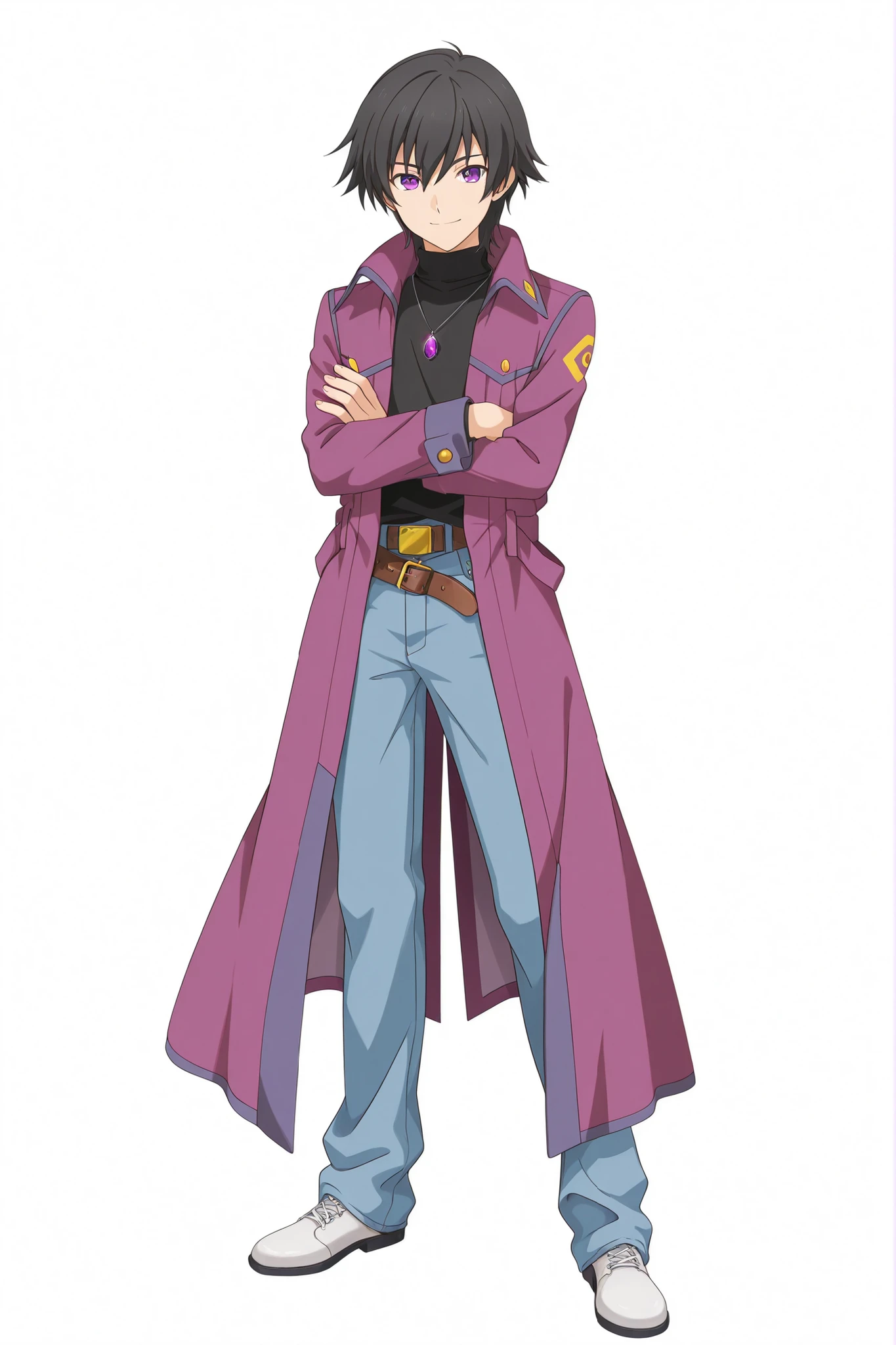 score_9, score_8_up, score_7_up, best quality, masterpiece, source_anime, anime coloring, Hair high revolution, anime screenshot style, official art Vocaloid, Detailed eyes, Perfect eyes, good eyes,
BREAK 
1boy, caelus black hair, purple eyes, Adult male,  Handsome male, best quality, amazing quality, very aesthetic, vivid colors, anime 3D CGI style, From top to thigh, standing, White background, simple background, smile, From front, Hair to neck,  jewelry, brown belt, purple coat, denim, pants, jeans, necklace, turtleneck, pendant, crossed arms,full body 