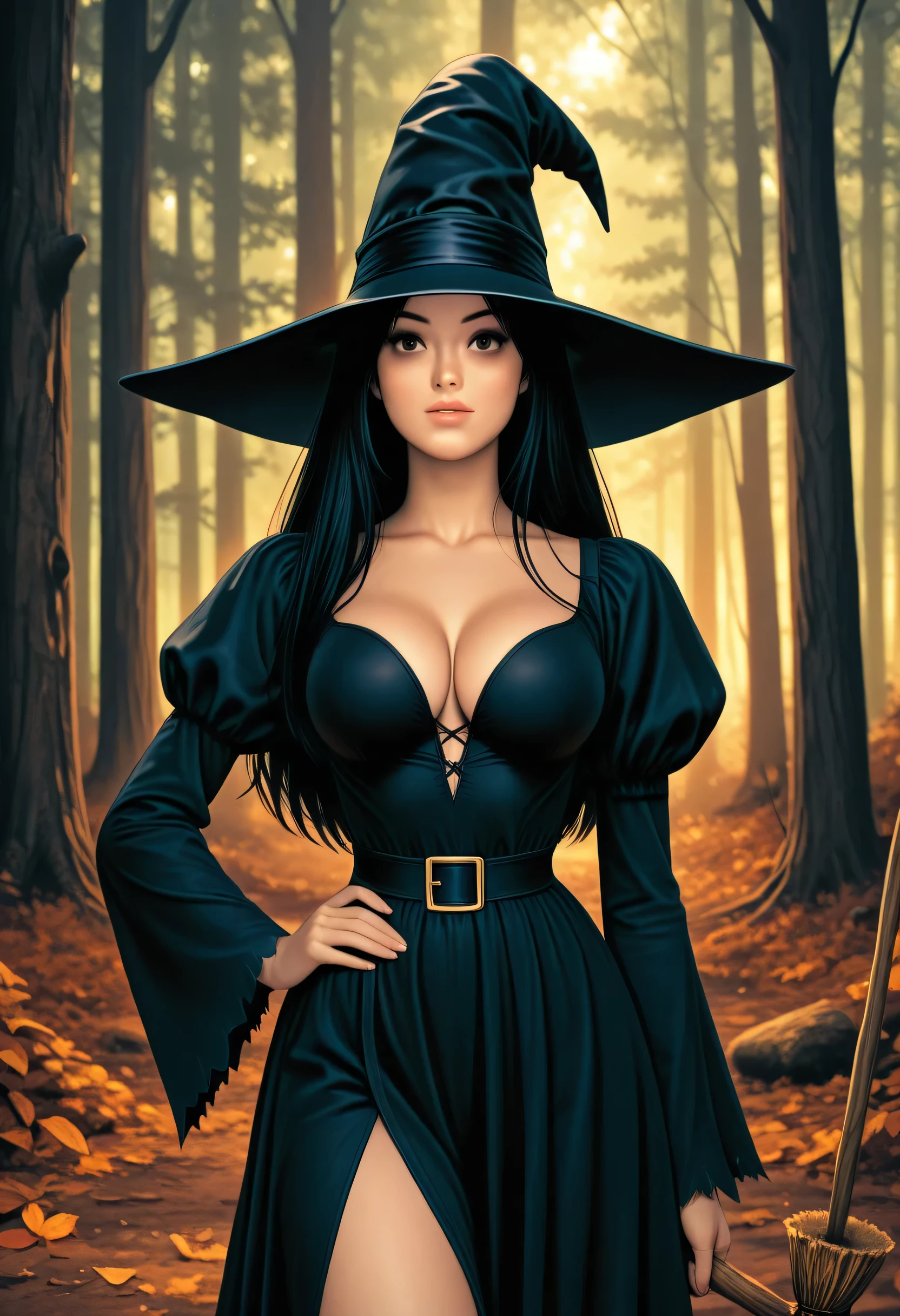 witch house, forest, 1girl, witch, classic black witch, witch hat, long hair, bangs, large breasts, standing, looking at viewer