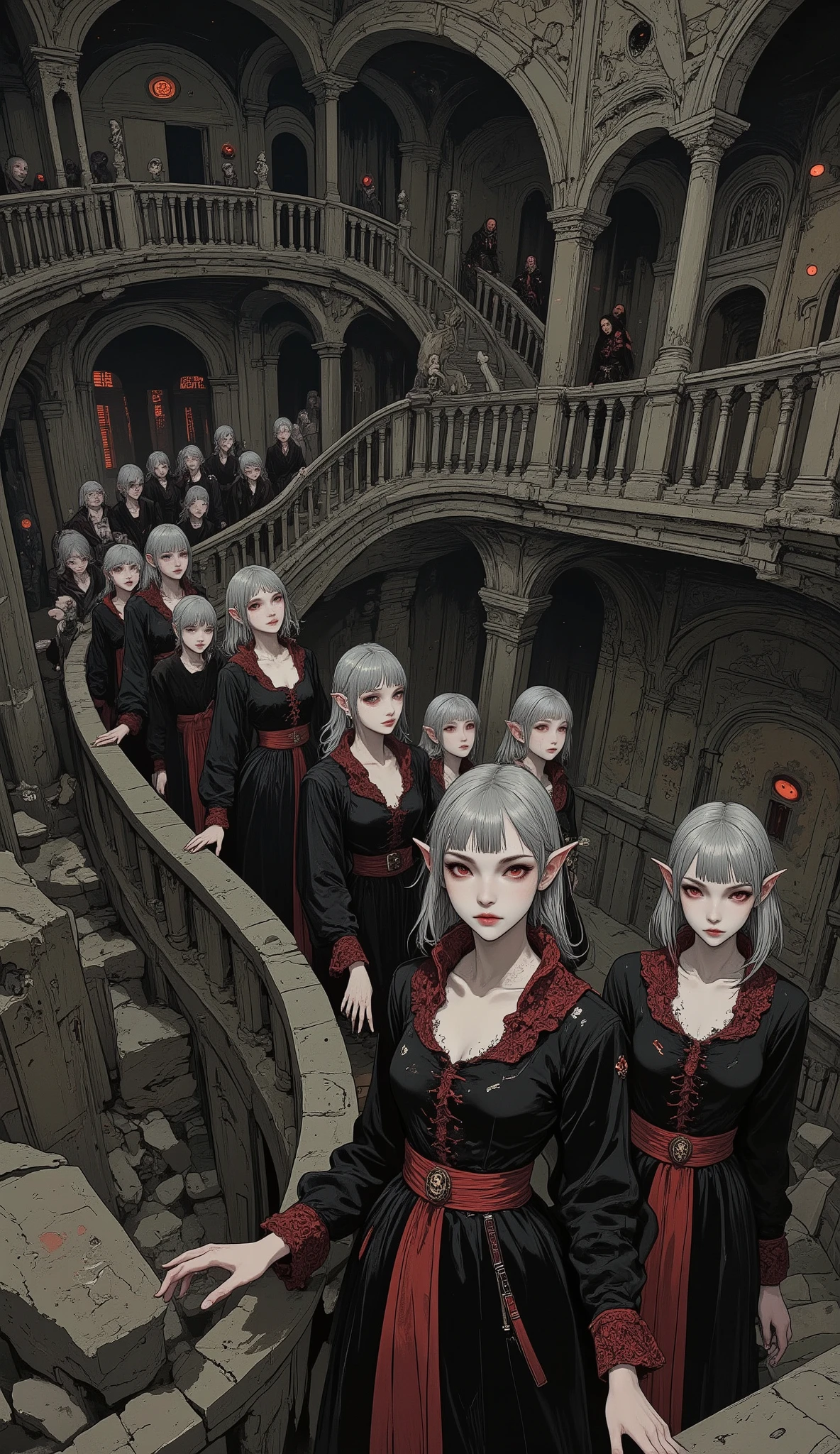 (A digital art style blending ukiyo-e with dark fantasy, creating an aesthetic blend of decadence and gothic elements. Faces are rendered in meticulous detail. The composition features a dark parade viewed from a diagonal overhead perspective. Bizarre.) BREAK
(A city of the dead, dark and shrouded in dust and mold, devoid of light. An ancient stone spiral staircase descends endlessly toward the earth's depths. The bottom of the earth is invisible, covered in pitch-black darkness. From crumbling walls, demon-like eyes peer out, and pale, thin arms flutter.) BREAK
(A group of female necromancers, dhampirs with sinister smiles, descended the spiral staircase in a line, each with a different expression and different gestures, surrounded by a gray aura.) BREAK
(The female necromancers of Dampyr have gray hair, blunt bangs, disheveled and messy hair, pale, translucent skin, dark red eyes, thick, heavy eyeliner, and smoky makeup around their eyes. They are expressionless like dolls.) BREAK
(The female necromancers of Dampyr wear lace-up dresses reminiscent of beautifully draped medieval Italian court gowns, crafted from velvet in varying shades of jet black and adorned with pale red lace frills. They accessorize with skull and cross motifs. They cinch their waists with wide, deep crimson silk sashes. Their feet are clad in soft, jet-black leather high heels with knee-length cuffs.)