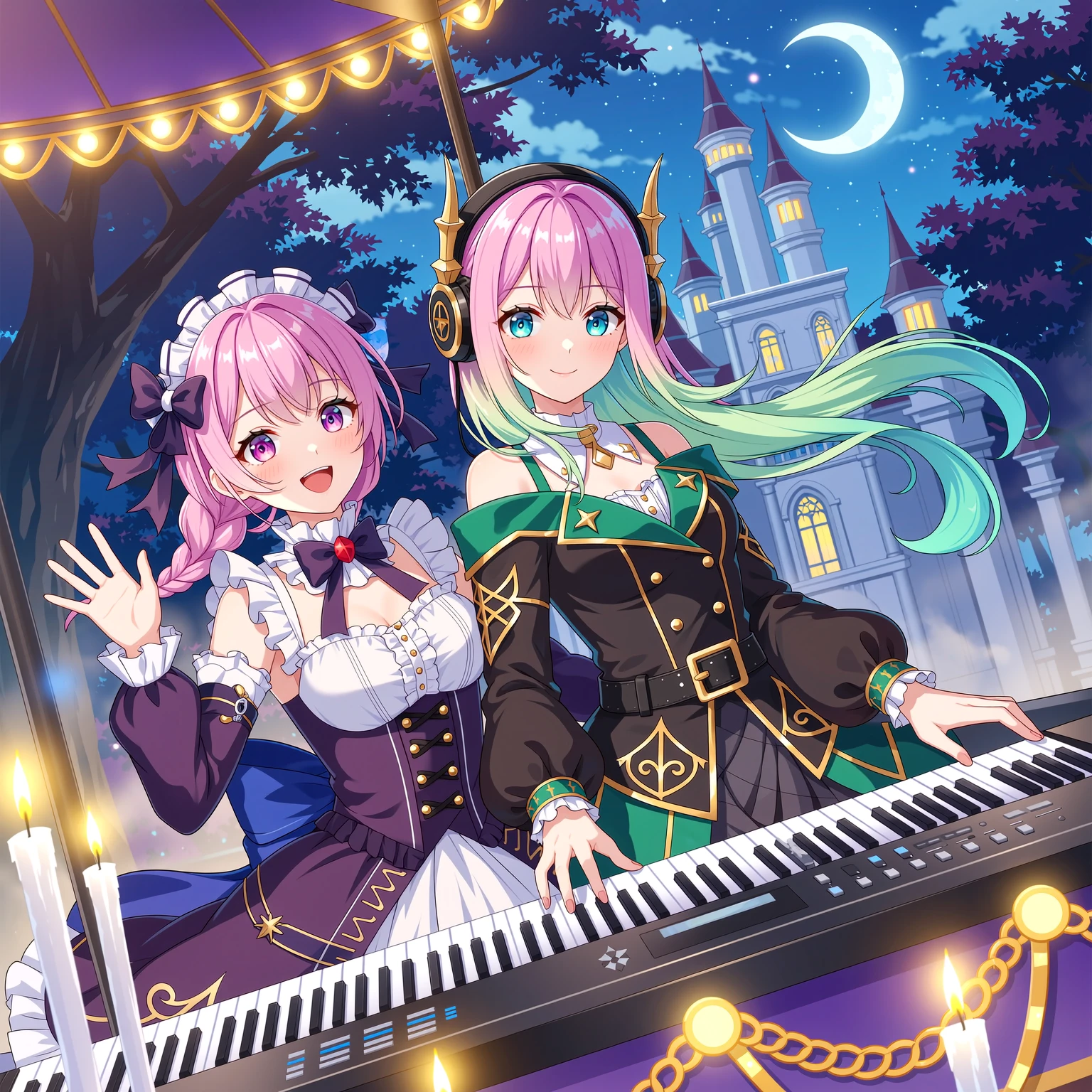 This illustration is completely unified in a Gothic Style.  
A night view of a fantasy theme park's gothic parade, with many elaborately decorated floats stretching along the parade path into the distance.  
Each float is adorned with intricate stained glass, baroque ironwork, black roses, gothic ornaments, and elegant candelabras.  
The parade floats are populated by theme park mascot characters performing cute and entertaining acts for the guests.  
In the front-most float, Iroha and Lumière Vernote are performing:

Iroha — a human girl with pink hair in a side braid, finely detailed face, smooth soft skin.  
She wears a feminine gothic fashion dress decorated with lace, white frills, ribbons, and a red gemstone brooch.  
Iroha faces to the right with a bright smile, waving gracefully toward the audience in a dynamic pose, her dress and ribbons fluttering in motion under the moonlight.  

Lumière Vernote — a girl with long straight hair fading from pink to pale green, deep green eyes, and a calm, confident expression.  
She wears a stylish gothic DJ outfit in black and dark green tones with golden accents and gothic motif headphones.  
Lumière faces to the left in a dynamic performance stance, her fingers moving swiftly across a glowing keyboard as she sends waves of sound toward the guests, surrounded by glowing notes and particles of light.  

The scene is illuminated by glowing candlelight, silver moonlight, and drifting mist, creating a dramatic and elegant gothic atmosphere.  
Distant floats gradually fade into the mist, creating a sense of depth and grandeur for the parade.  
Cinematic photorealistic lighting, ultra-detailed, masterpiece, best quality, ornate and elegant gothic fantasy, photorealistic illustration.
