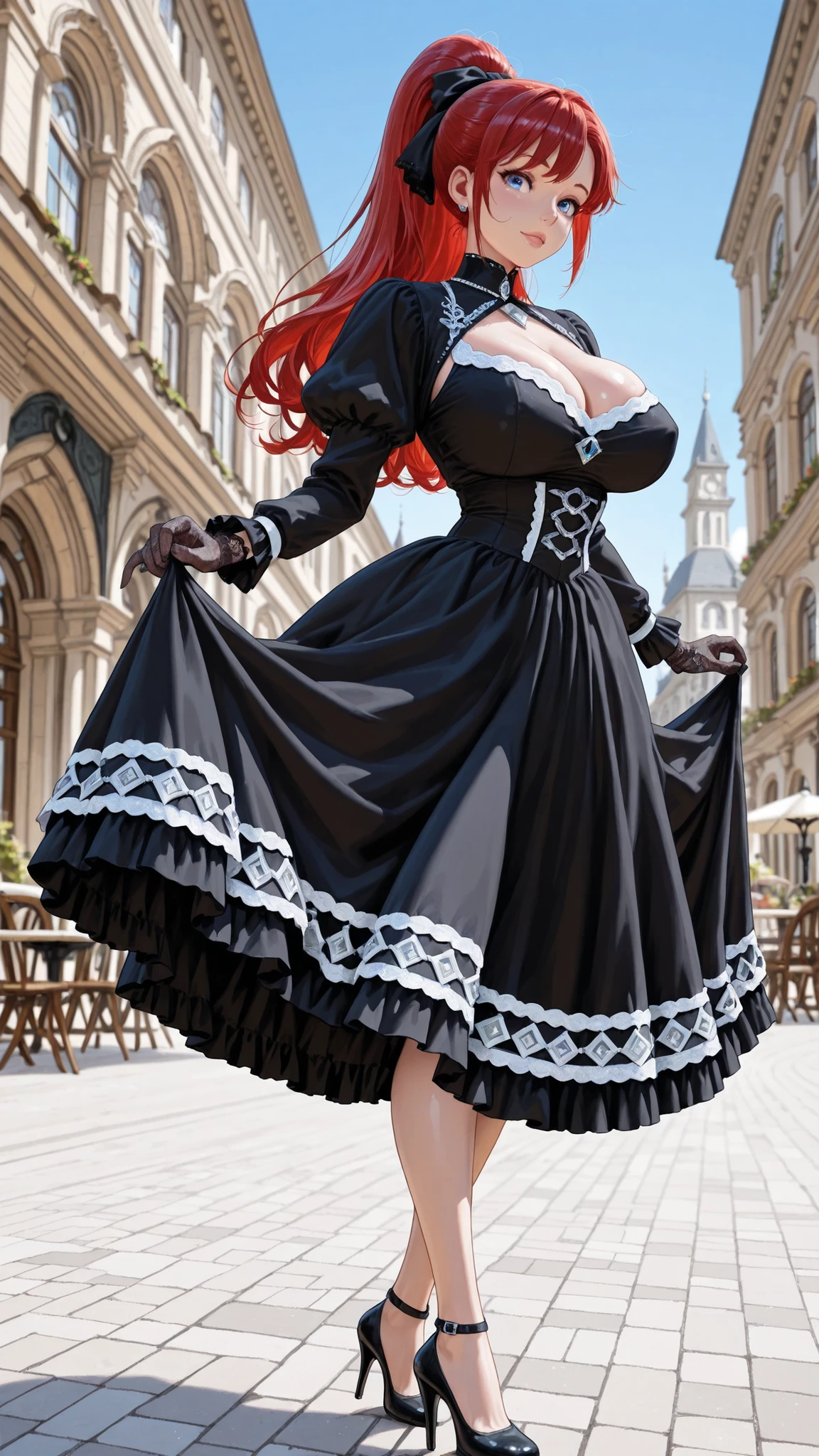8k (high definition) (Super Detailed) (masterpiece) (Highest Quality) Animated Illustrations fine eyes detailed face Feminine Detailed Hand Delicate hair detailed wrinkles on clothes Exquisite Feminine Figure with fine skin detailed background solo blue eyes (has red hair) 前髪にヘアクLips (ponytail) big breasts joyful expression Gothic Fashion, Purple and Black Dress, lace gloves, silver jewelry, Lips, high heels, Western European Square, cafe terrace with chairs, Historic Buildings, squirt, Clear Day, Blue Sky, Contrasting Presence, fashion magazine style