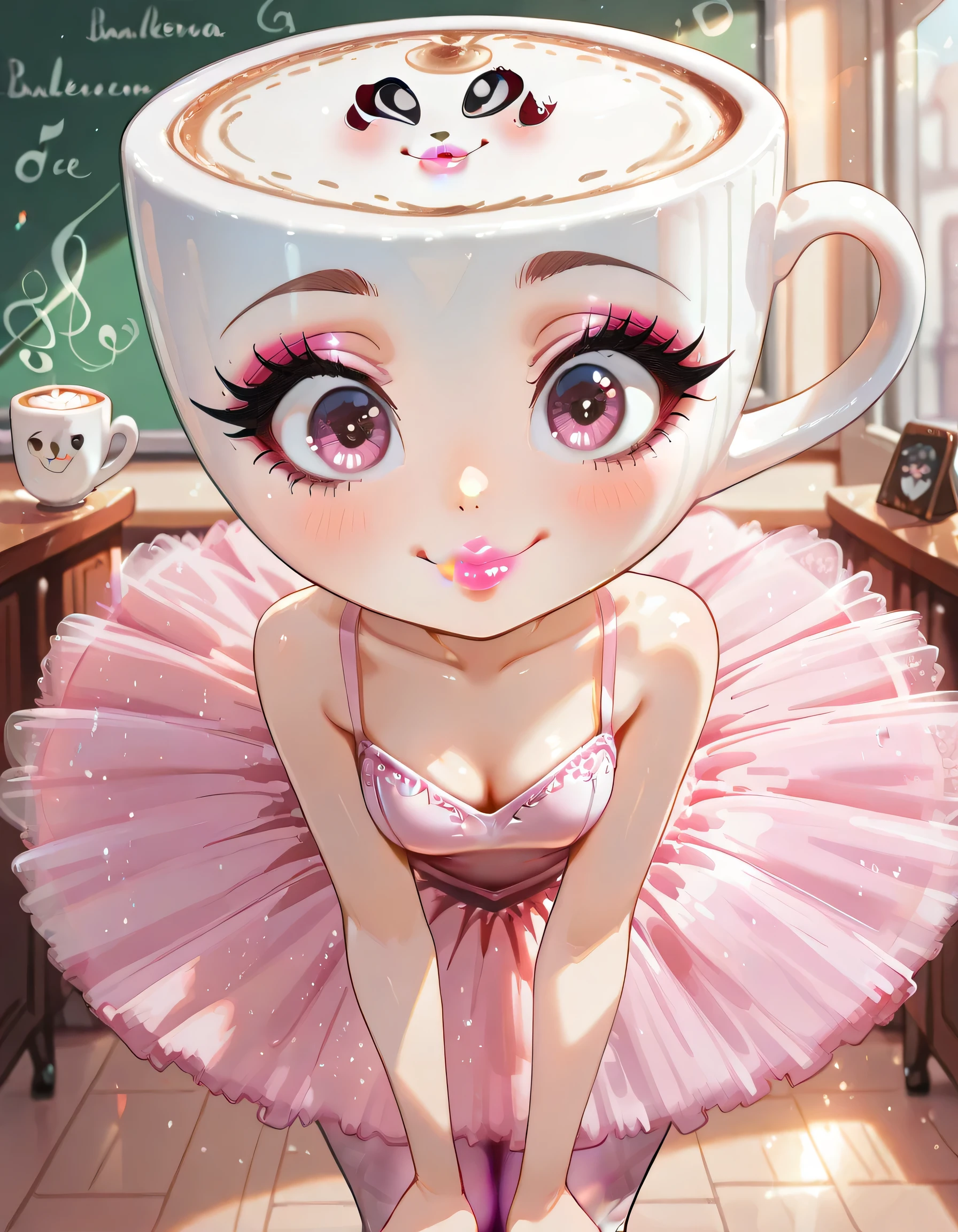 (cutecore, kawaiicore) ,upperbody,1girl, ballerina cappuccina, object_head, white coffee cup head, big eyes, makeup, mascara, eyelashes, pink blush, detailed lips, leaning over,smile, light pink lipstick, ballerina, pink ballerina dress, shoulders, pink tutu, light pink pantyhose, musical show stage,