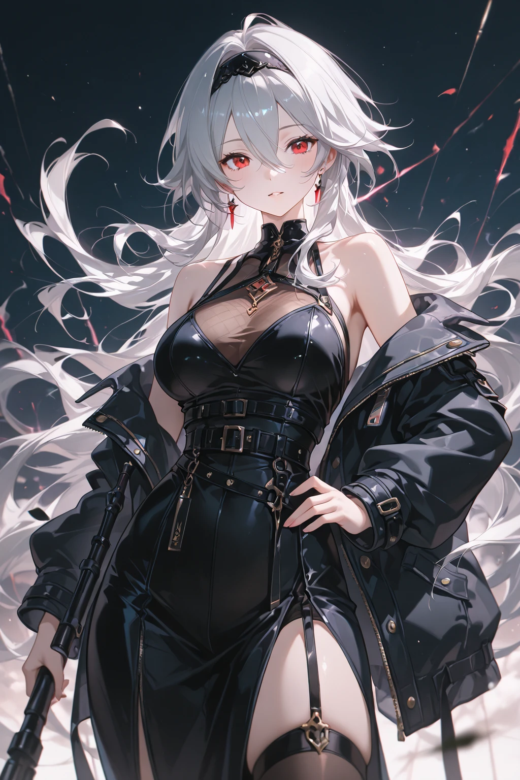 **Hair**: She has white hair, long and tousled, often left free to accentuate her wild side.
- **Horns**: Two large black horns protrude from its head, accentuating its demonic appearance.
- **Eyes**: His eyes are white and shiny. His skin is gray, demonic in color.
- **Clothes**: She wears a short, tight-fitting dark-colored top, revealing her muscular abdomen, and a short-sleeved black jacket.
- **Accessories and Armor**: 
  - **Arms**: Its front