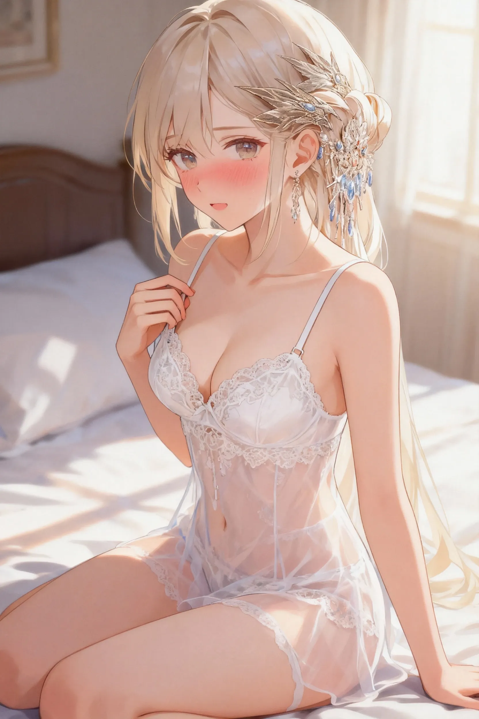 (Best Quality,High resolution,8K,finelity detailed background,Masterpiece:1.2),beautiful girl,Shiny khaki hair,swept bangs,(Khaki Eyes),Gentle look,A refreshing look,Best quality,Best Quality,Aesthetic and aesthetic:1.2,Best details((Super detailed))(High-definition CG illustrations),White  (white intricate lace),Slender body,Late Night,Moonlit Night,Bedroom,On the bed,smile,blush,cute,Scrounge,Looking up,Being spoiled,super model,wariza