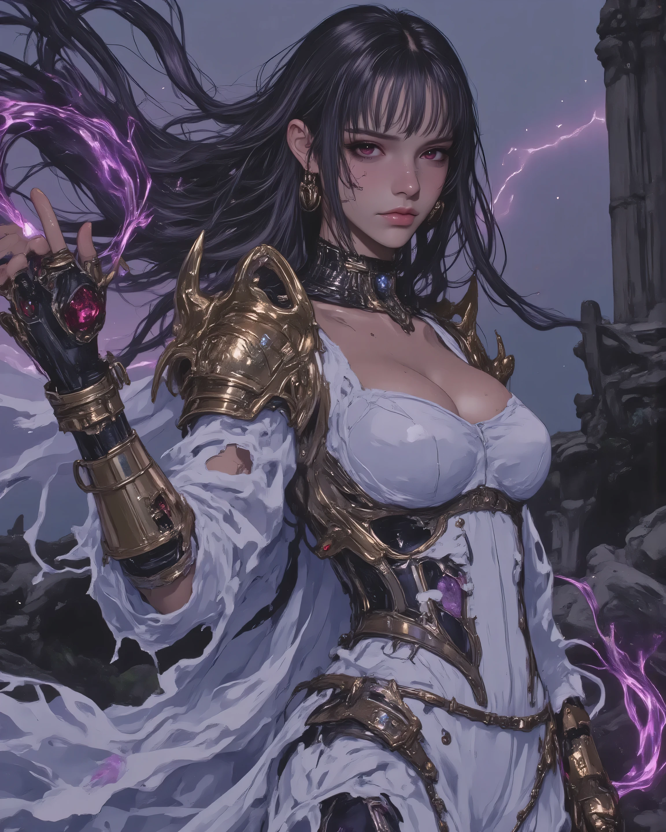 A highly detailed digital illustration of Velaris, seductive elven sorceress with anatomically perfect slender curvaceous body for sexy allure: narrow waist, full hips, toned limbs, subtle muscles under smooth skin. Skin: deep dusky gray-purple, ethereal luminous with faint iridescent sheen like twilight mist, flawless pores, subtle veins for realistic texture. Hair: long flowing gray cascading to mid-back in voluminous waves, streaked with delicate pink and rose gold highlights catching light like embers—tousled strands, fine details, some clinging to damp skin.
Adorning hair and neck: intricate wilted black roses, bruised frayed petals with dew edges, thorny stems twisting like veins, crimson centers bleeding nectar. Ears: pointed elven, elongated tapered, pierced with gold hoops dangling rose-quartz shards.
Eyes: piercing crimson red, almond-shaped with predatory intensity, dilated pupils in fierce determination—arched eyebrows, long spidery lashes shadowing high cheekbones. Face: sharp jawline, full lips in enigmatic half-smile showing teeth hints, stardust freckles on nose.
Attire: tattered elegant white robe, ragged ethereal semi-transparent fabric, low plunging neckline exposing collarbones and subtle cleavage, frayed hem trailing like ghosts. Shadowy accents: ethereal wisps curling from edges like smoke, faint silver runes glowing. Golden armor: ornate thorn-etched pauldrons on shoulders, interlocking scale bracers on forearms, filigree corset-belt at waist with buckles and chains. Robe clings in dramatic folds, billowing in breeze, tears revealing purple skin.
Pose: dynamic three-quarter view, standing on misty ancient ruin overlook at dusk, one hand extended palm-up summoning purple arcane sparks, other gripping thorn-wrapped staff off-frame. Body arched gracefully, hips cocked seductively, head tilted with windswept hair framing face. Expression: intense gaze at viewer, lips curled in mysterious allure and resolve.
Background: foreboding fantasy landscape