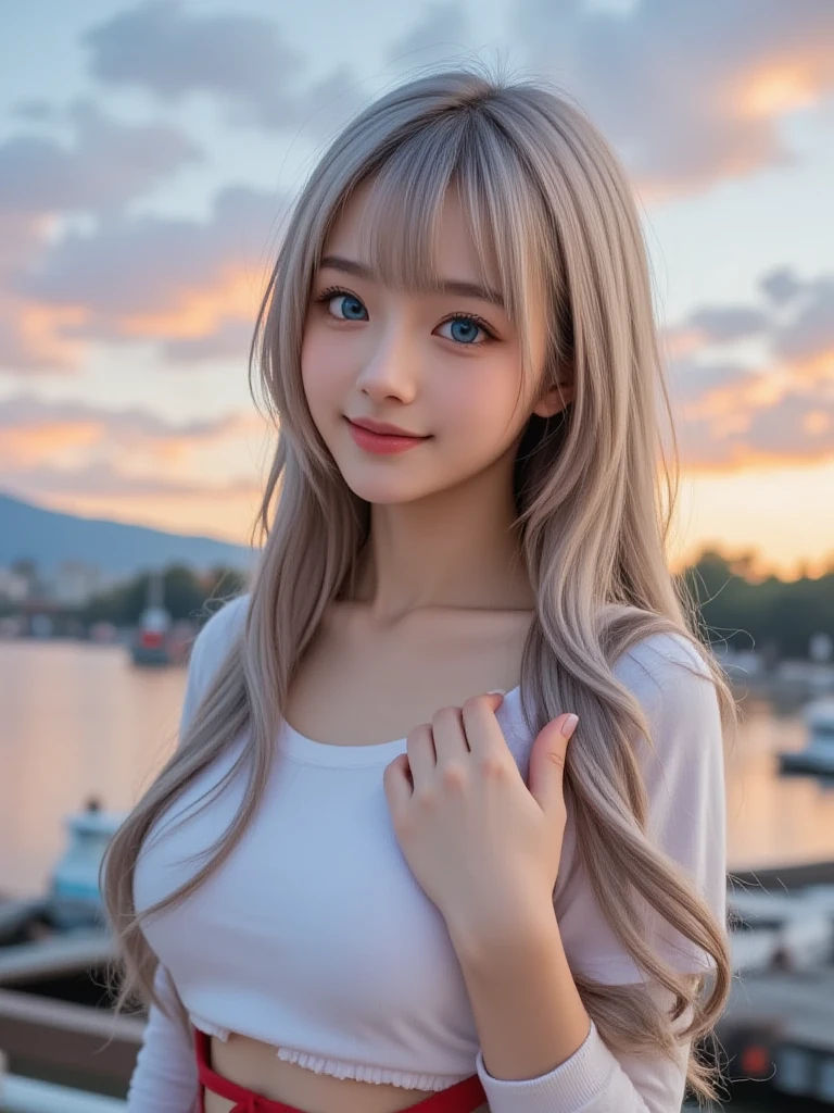 ((best quality, 8K, master piece:1.3)), (Sunscreen Straw Hat：1.3),concentrated:1.2, beautiful woman with perfect figure:1.4, cocked :1.2, ((cut hair in layers:1.2)), , (Dark Street:1.3), Highly detailed face and skin texture, full body esbian,detailed eyes, double eyelid，whiten skin，white long hair,(With a round face:1.5),(sky blue dress：1.6)。Smiling at the seaside