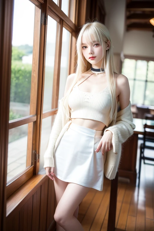 Hand-knitted sweater、（halterneck、miniskirts、White panty）　（（（Sleeveless、Notch visible from the side to the bust top）））、（miniskirts）、